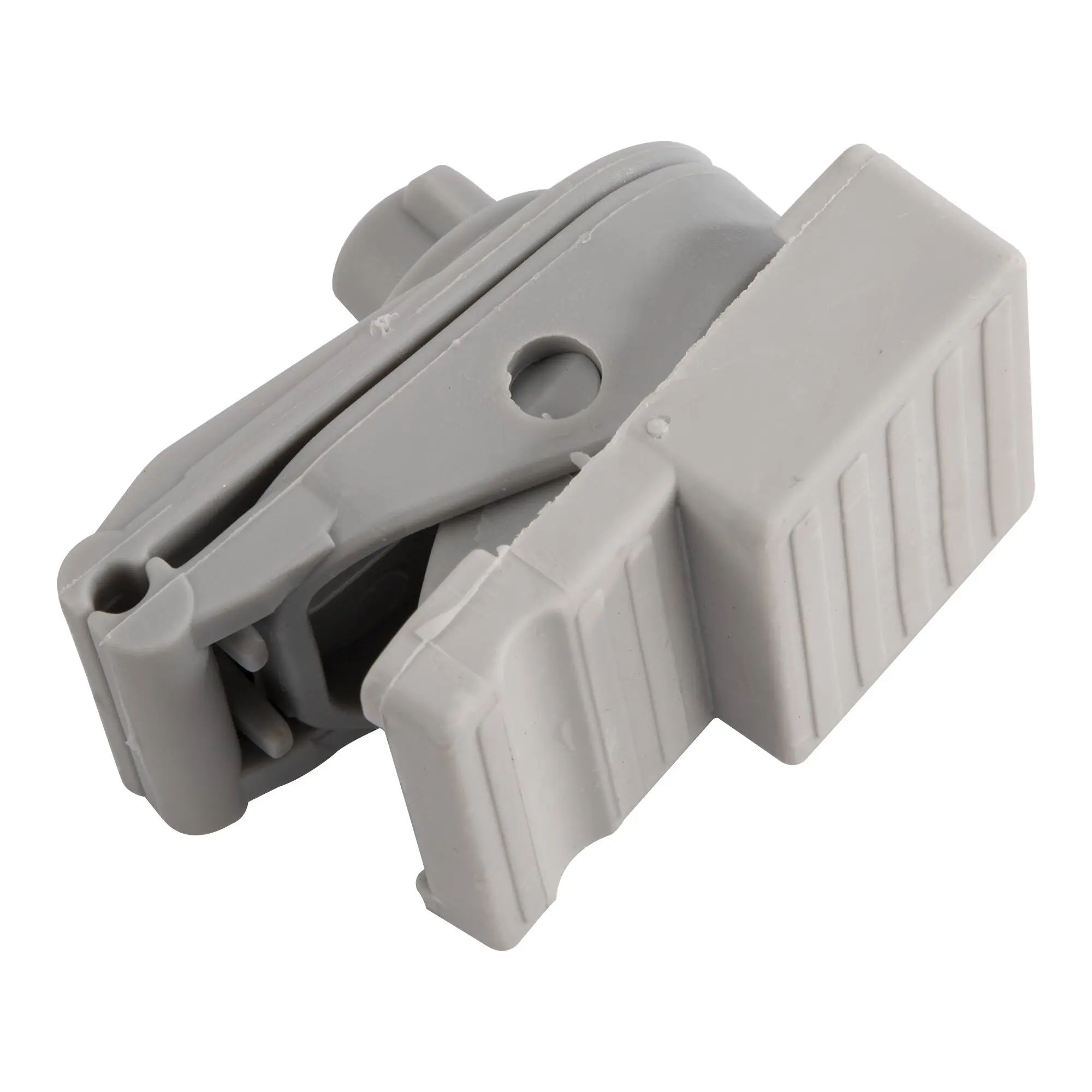 Nahaufnahme eines hellgrauen Kunststoffteils mit Rundloch, Führungsrillen und klappbarem Verriegelungsmechanismus, Halteöse Quick Lock Pad von KNAUS