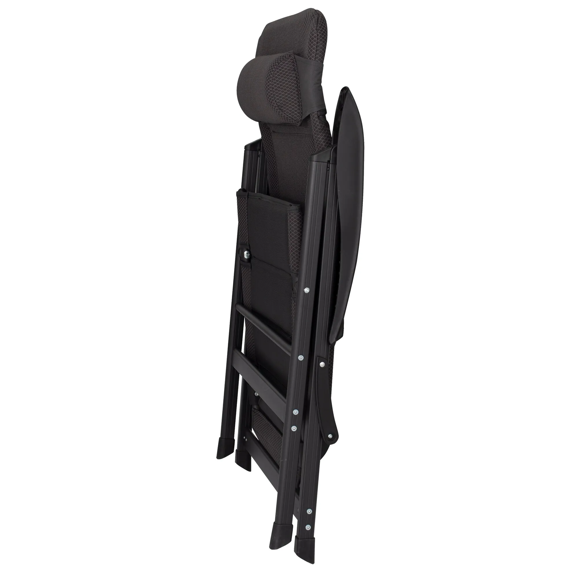 Zusammengeklappter schwarzer Campingstuhl Kendal Comfort mit gepolsterter Rückenlehne, Armlehnen und stabilem Klappgestell