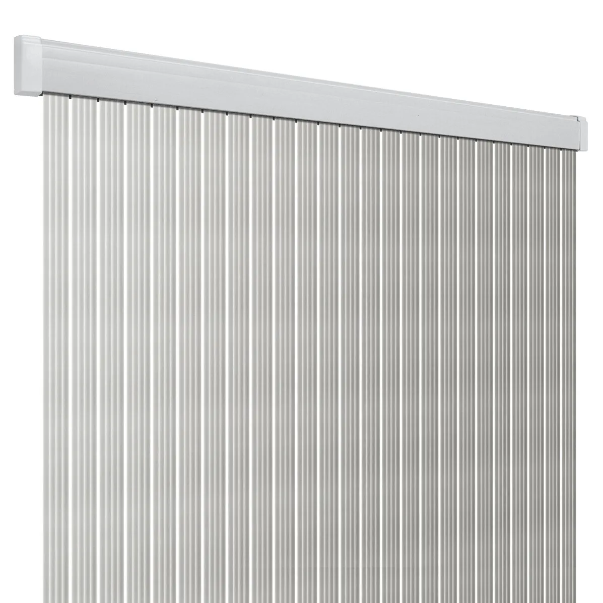 Türvorhang Band Lux in Silber mit weißer Schiene und zahlreichen senkrechten Kunststofflamellen, 100 cm breit