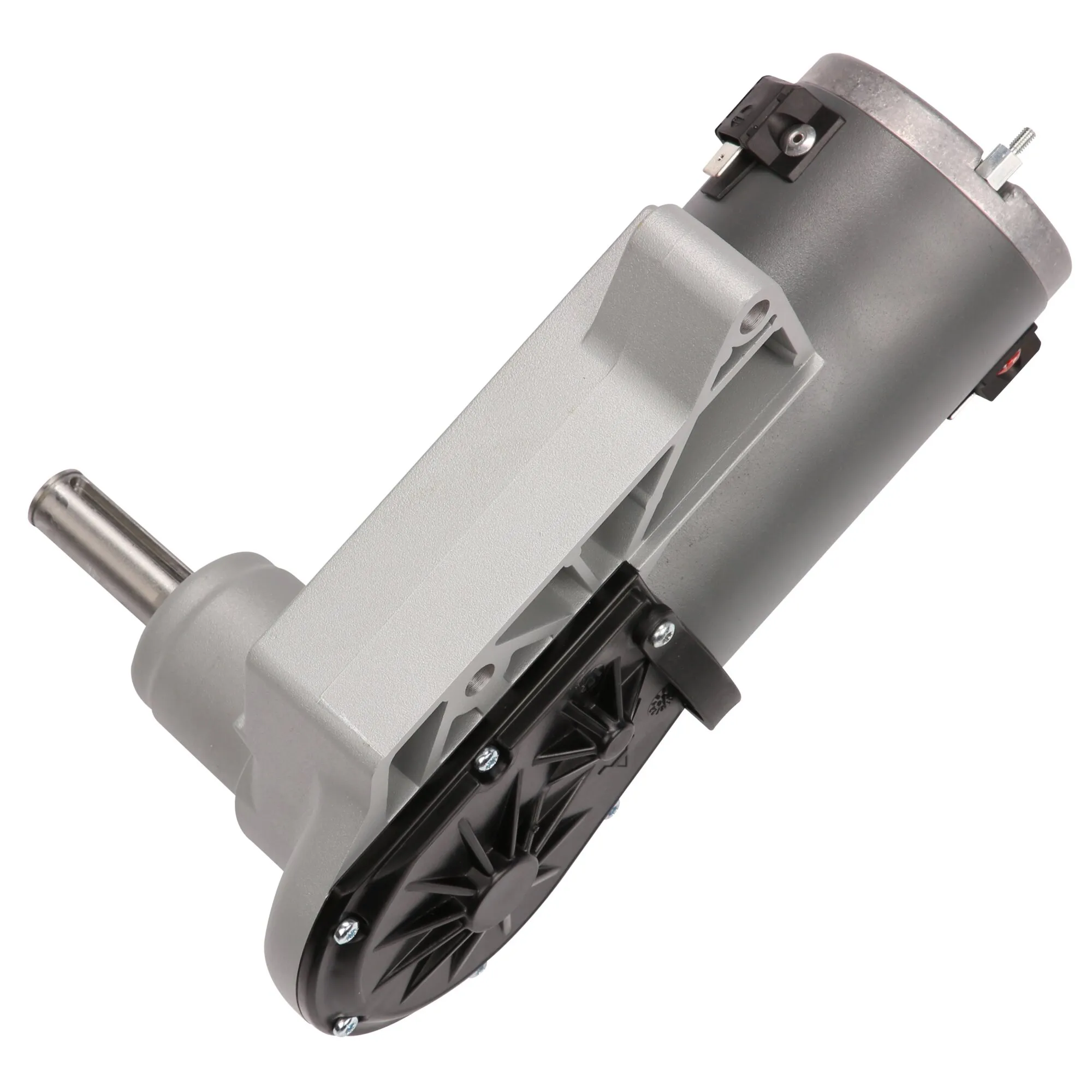 Motor-Getriebe-Einheit A in Schwarz und Grau mit Metallwelle, Montagehalterung und schwarzer Schutzabdeckung in Schrägansicht