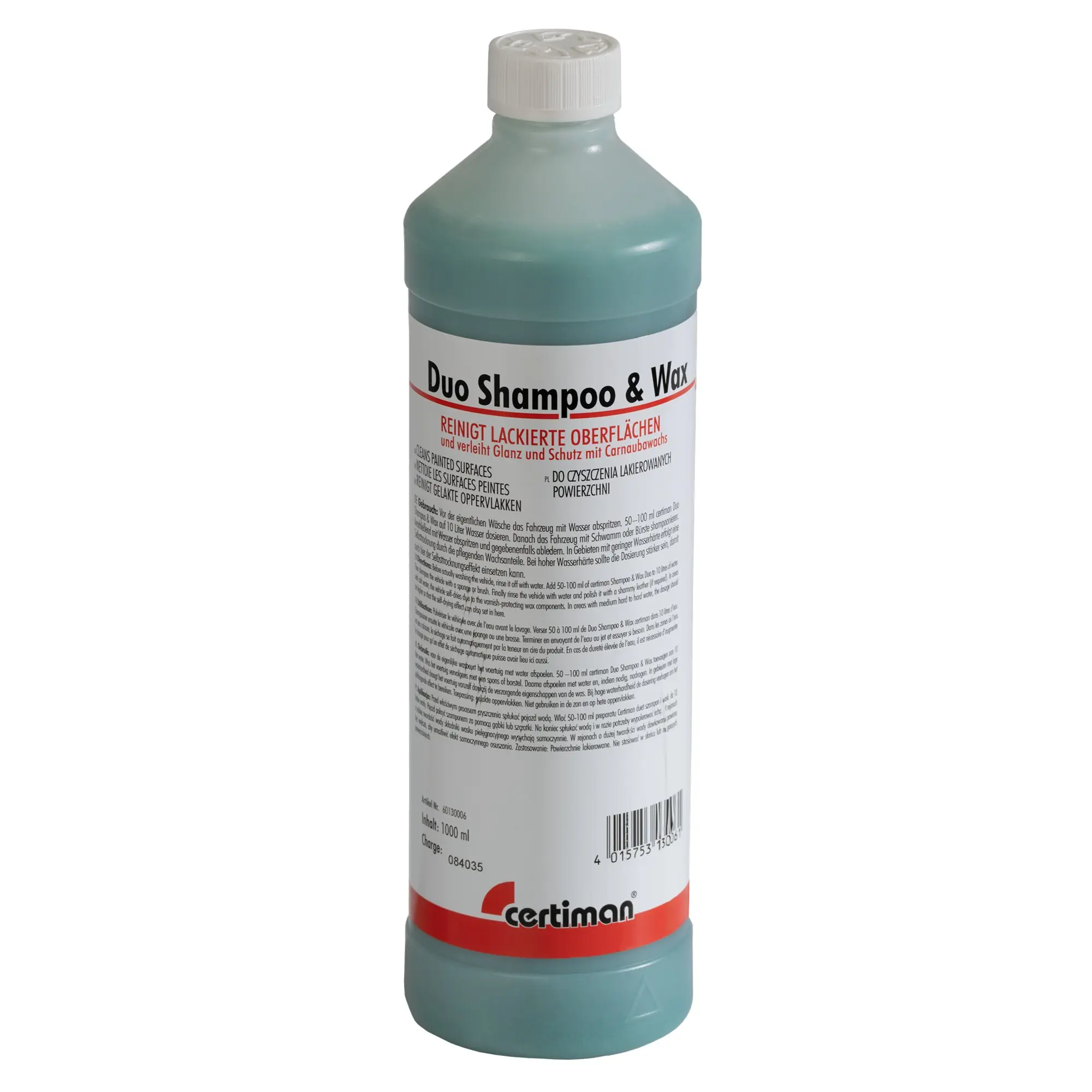 Transparente Kunststoffflasche mit blaugrünem Konzentrat, weißem Schraubdeckel; Etikett mit Duo Shampoo & Wax und Certiman
