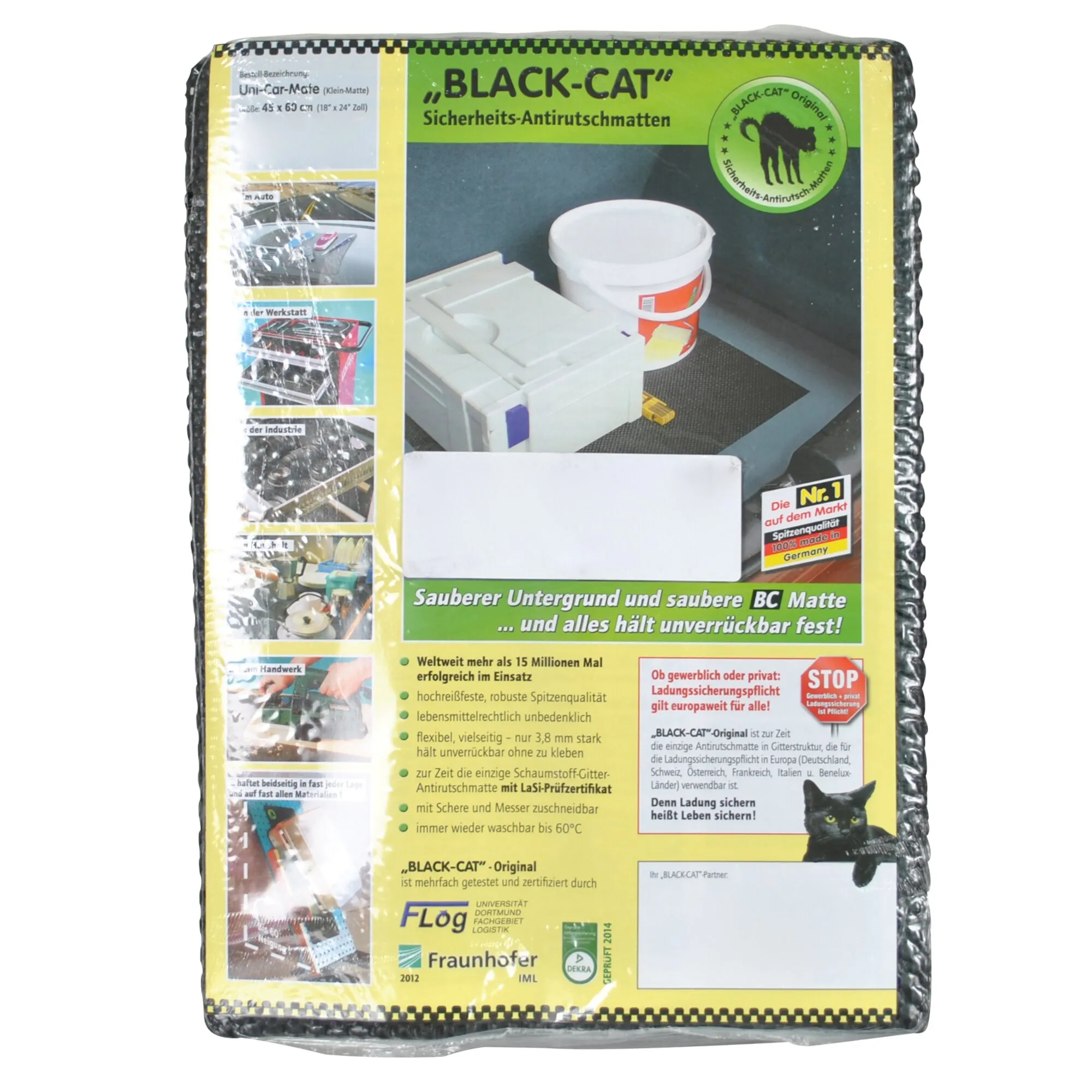 Verpackte schwarze Antirutschmatte Black-Cat mit Verpackungsabbildungen für den Einsatz in Auto, Werkstatt und Industrie