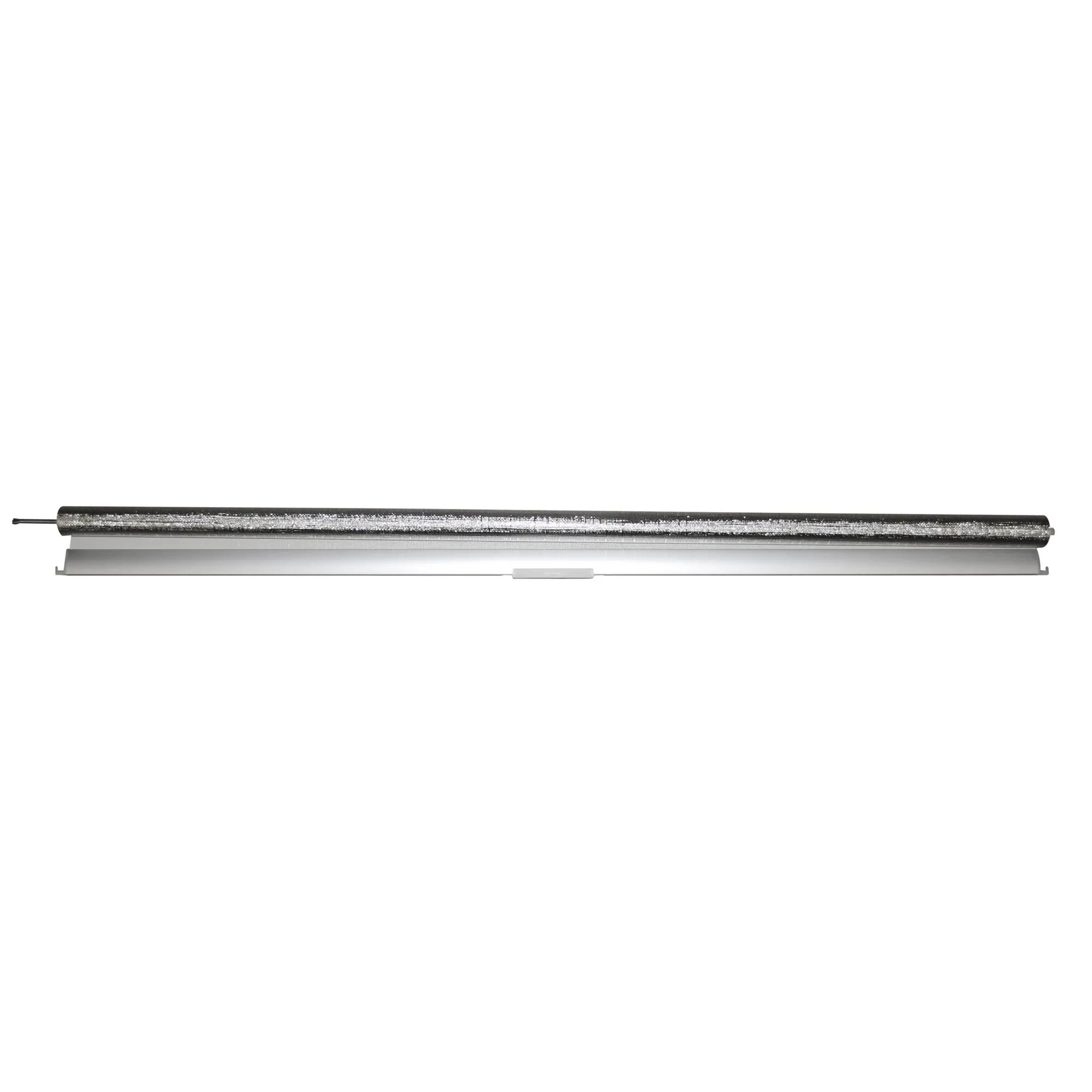 Verdunkelungsrollo komplett in Alu-Grau mit aufgerolltem Stoff und unterer Abschlussleiste, 1430 × 800 mm