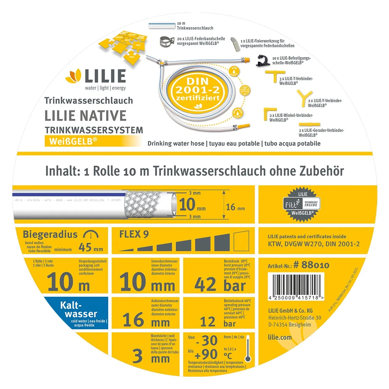 Verpackung einer 10 m langen weißen Trinkwasserschlauchrolle von LILIE mit gelben Markierungen, DIN 2001-2 zertifiziert, 10 x 16 mm