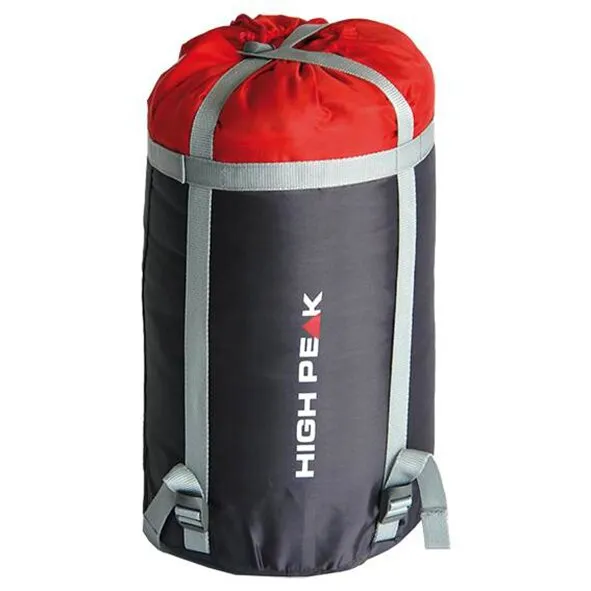 Schwarzer zylindrischer Packsack für den Deckenschlafsack Conon 7 von High Peak mit rotem Verschluss und grauen Tragegurten