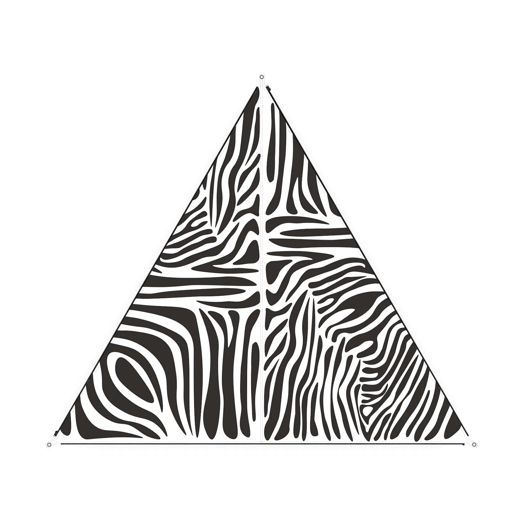 Dreieckiges Sonnensegel TC-Zip Canvas Africa mit schwarz-weißem Zebra-Druck und Ösen an den Ecken