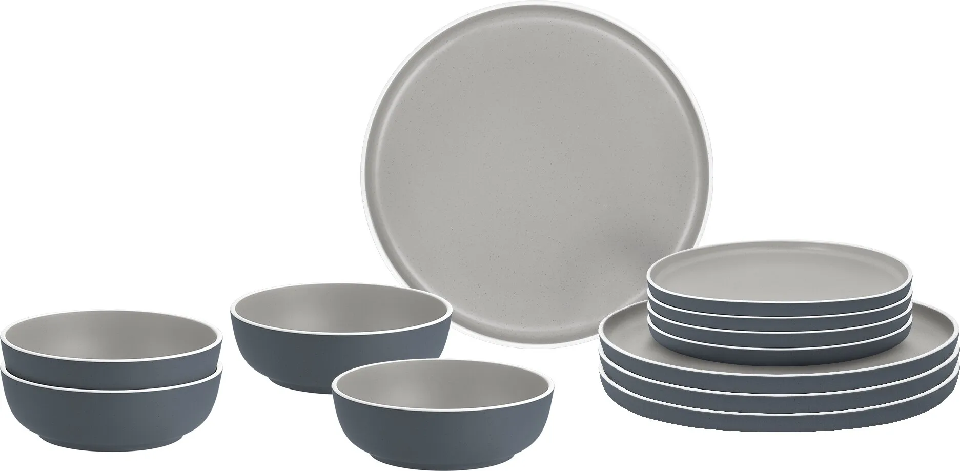 Trilogy Grey 12-teiliges Geschirrset mit grauen Tellern und Schüsseln, Innen hellgrau mit feinem Punktmuster, Außen dunkelgrau/blau