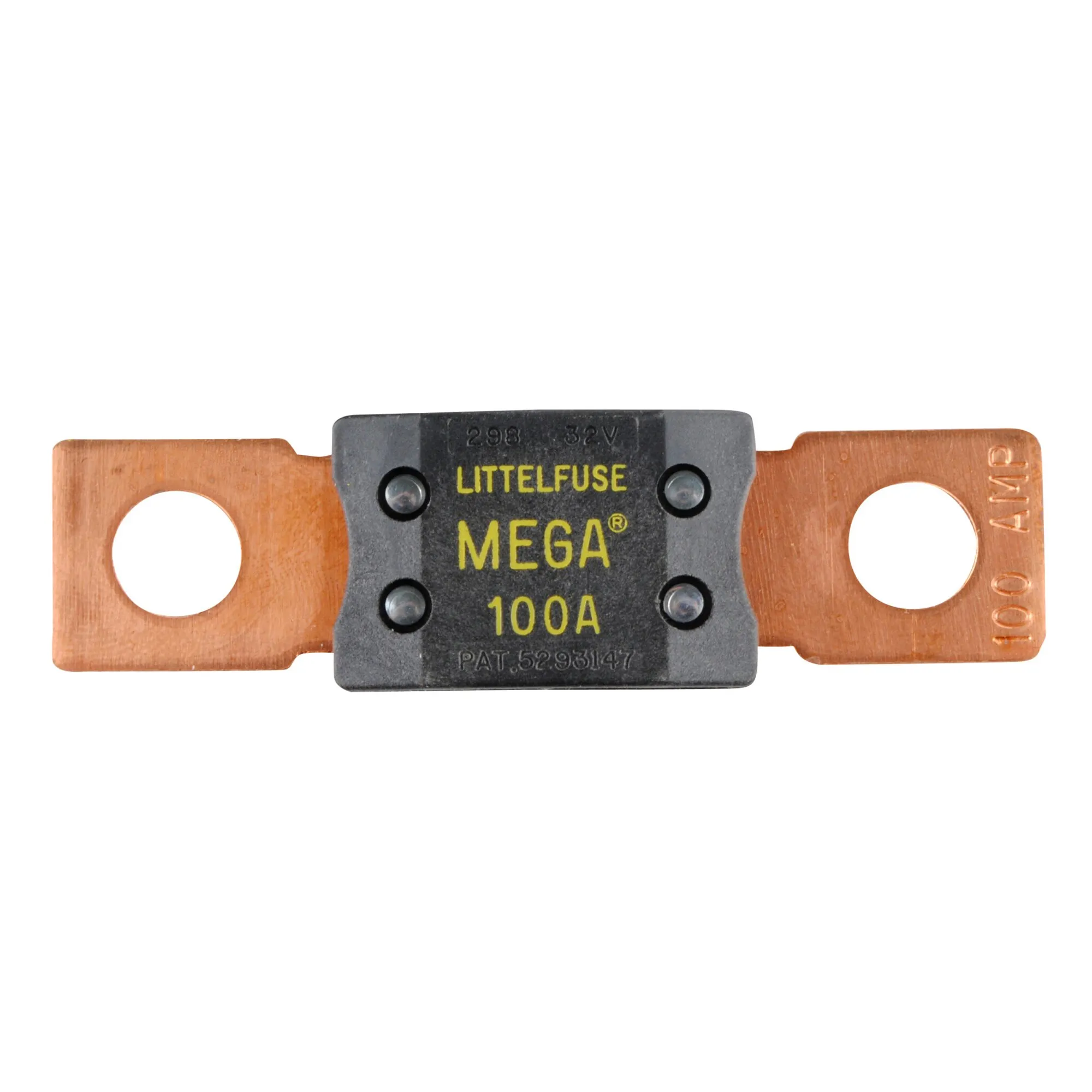 Littelfuse Mega-Hochlastsicherung mit 100 A, schwarzem Gehäuse und zwei kupferfarbenen Anschlusslaschen mit Befestigungsöffnungen