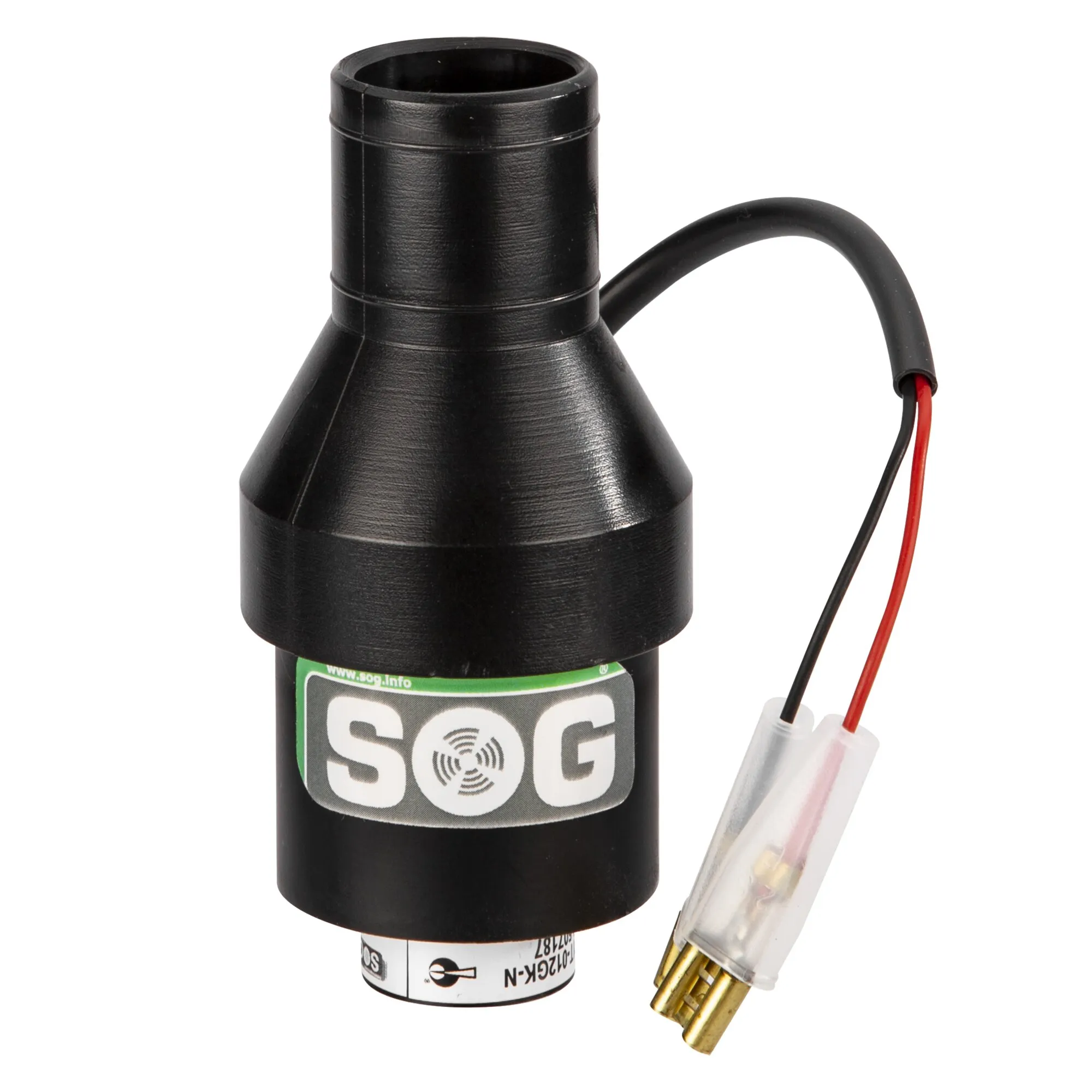 Schwarzer Lüfter für die SOG®II Bodenvariante mit zylindrischem Gehäuse, Anschlusskabeln und SOG-Logo