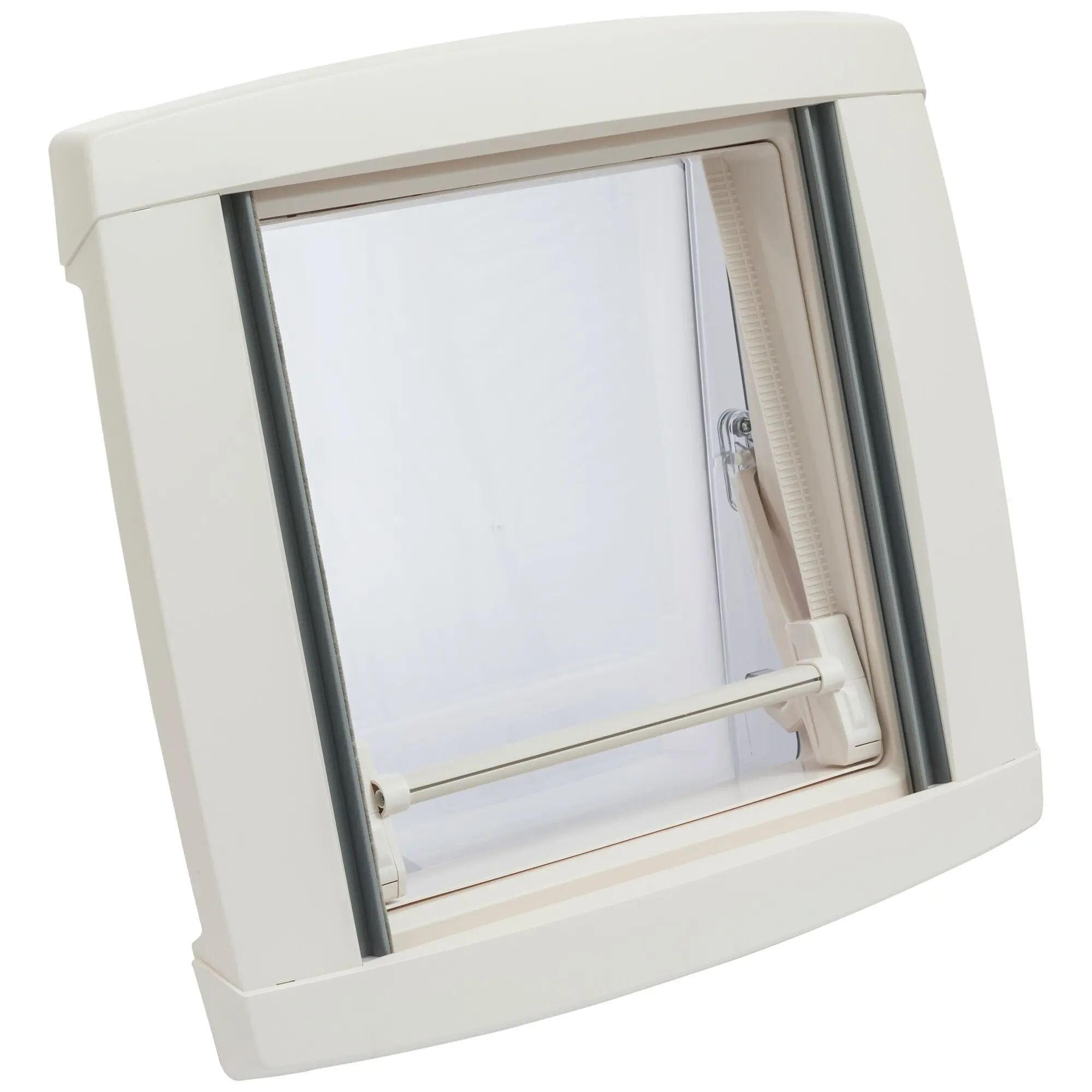 Cremeweiße Dachhaube VisionStar M 2; Nahaufnahme der Fensterfront mit Glas und Rahmen, sichtbarer seitlicher Führungsschiene und Verschlusshebel