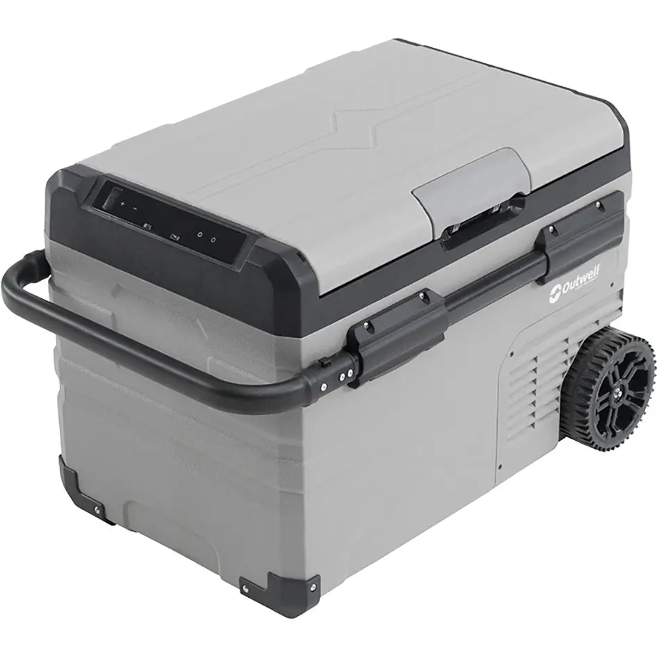 Kühlbox Outwell Arctic Frost, 37 l, hellgrau mit dunklem Rand am Deckel, Tragegriff, große Räder und Frontbedienfeld
