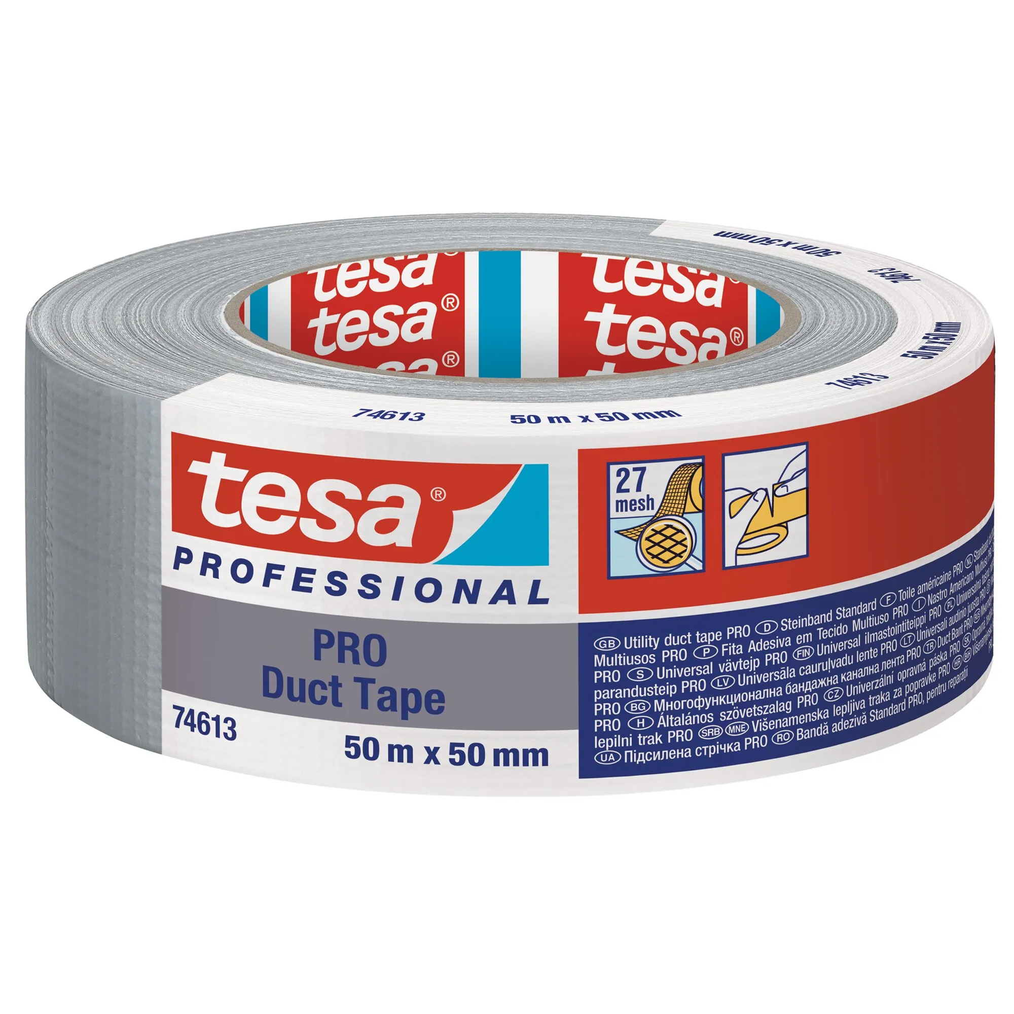 Graues Gewebeband tesa PRO Duct Tape 74613 als Rolle mit roter Verpackung, 50 m lang und 50 mm breit
