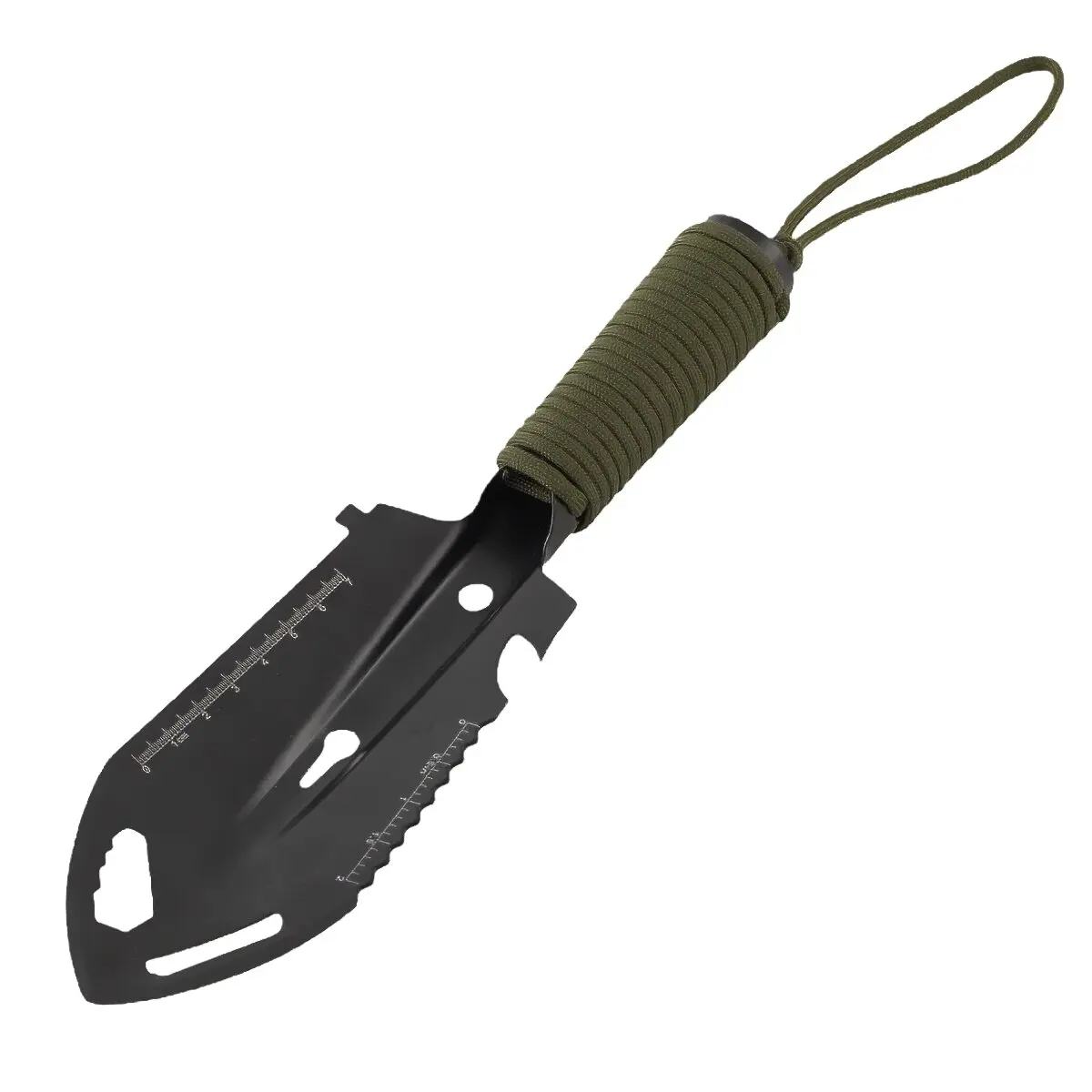 Schwarze taktische Handschaufel mit grünem Paracord-Griff, langer Blatt mit Messskala, Öffnungen und Griffschlaufe