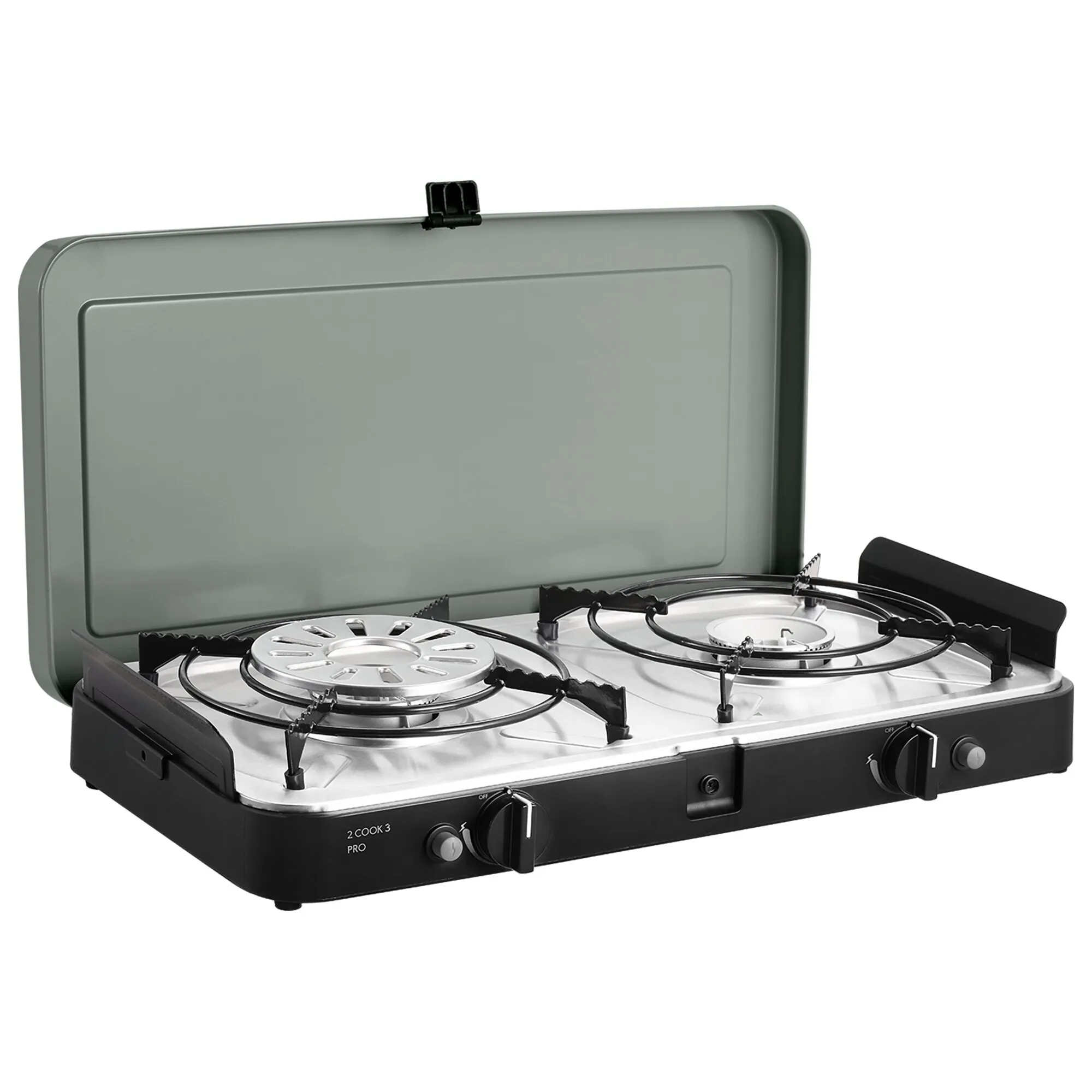 Schwarzer zweiflammiger Gaskocher 2 Cook 3 Pro Deluxe mit Edelstahlkochfläche, Windschutz und aufgeklapptem Deckel