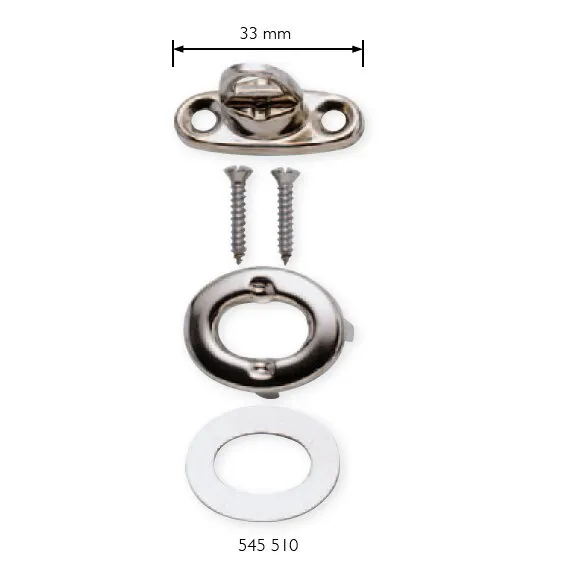 Silberfarbener Drehverschluss aus Metall mit Gegenplatte, zwei Schrauben und Unterlegscheibe, 33 mm, Artikel 545 510