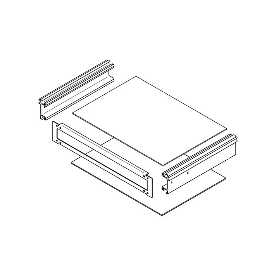 Explosionsdarstellung des Montagerahmens Thule Slide-Out Step mit Metallprofilen, Frontblende und rechteckigen Montageplatten