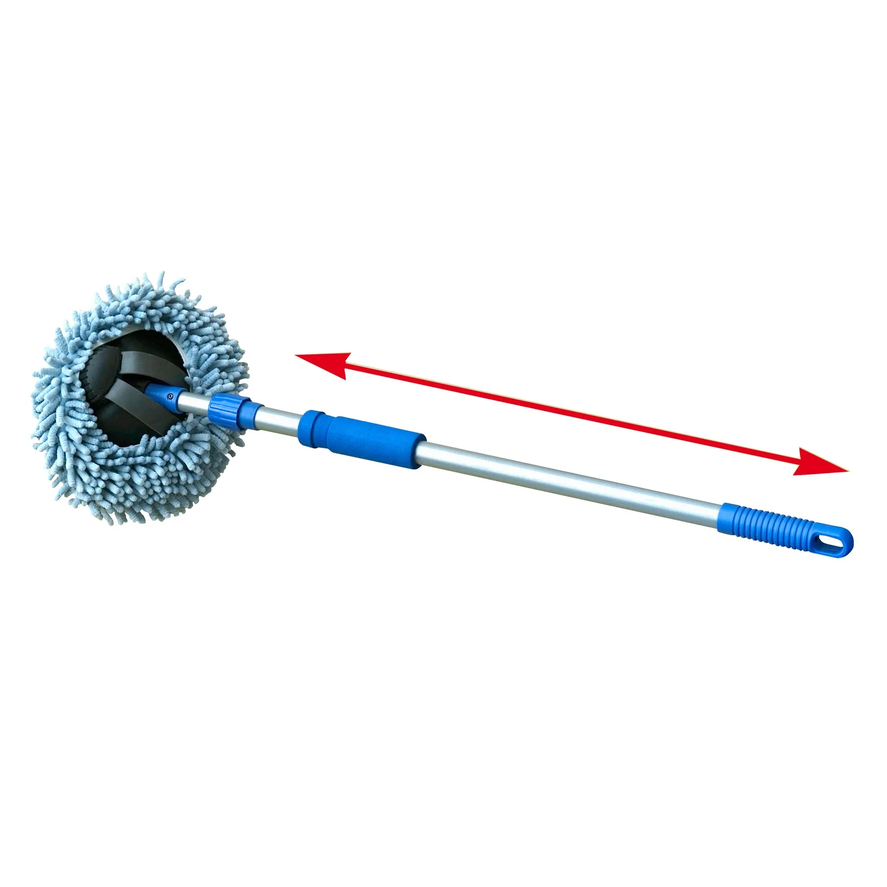 Wischmopp Micro mit rundem hellblauem Mikrofaserbezug, blau-silbernem Stiel und rotem Doppelpfeil entlang des Griffs