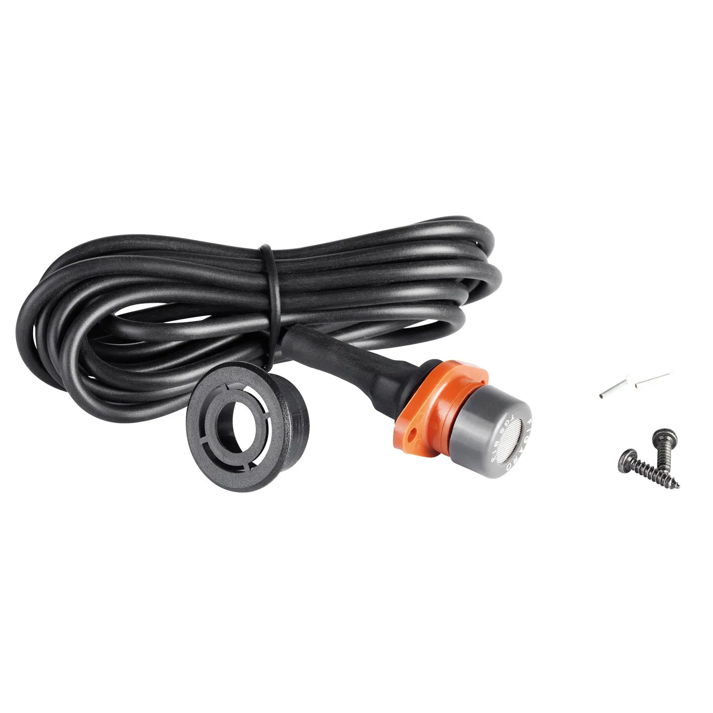 Zusatzsensor für das G.A.S.-pro-Gaswarnsystem mit langem schwarzem Kabel, orange-schwarzem Sensorgehäuse, Haltering und Befestigungsschrauben