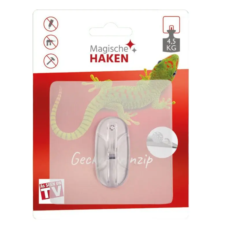 Verpackung für Magische Haken Jumbo, rosa Karte mit transparentem ovalem Haken-Teil, Gecko-Motiv und Logo Magische Haken, 4,5 KG oben rechts