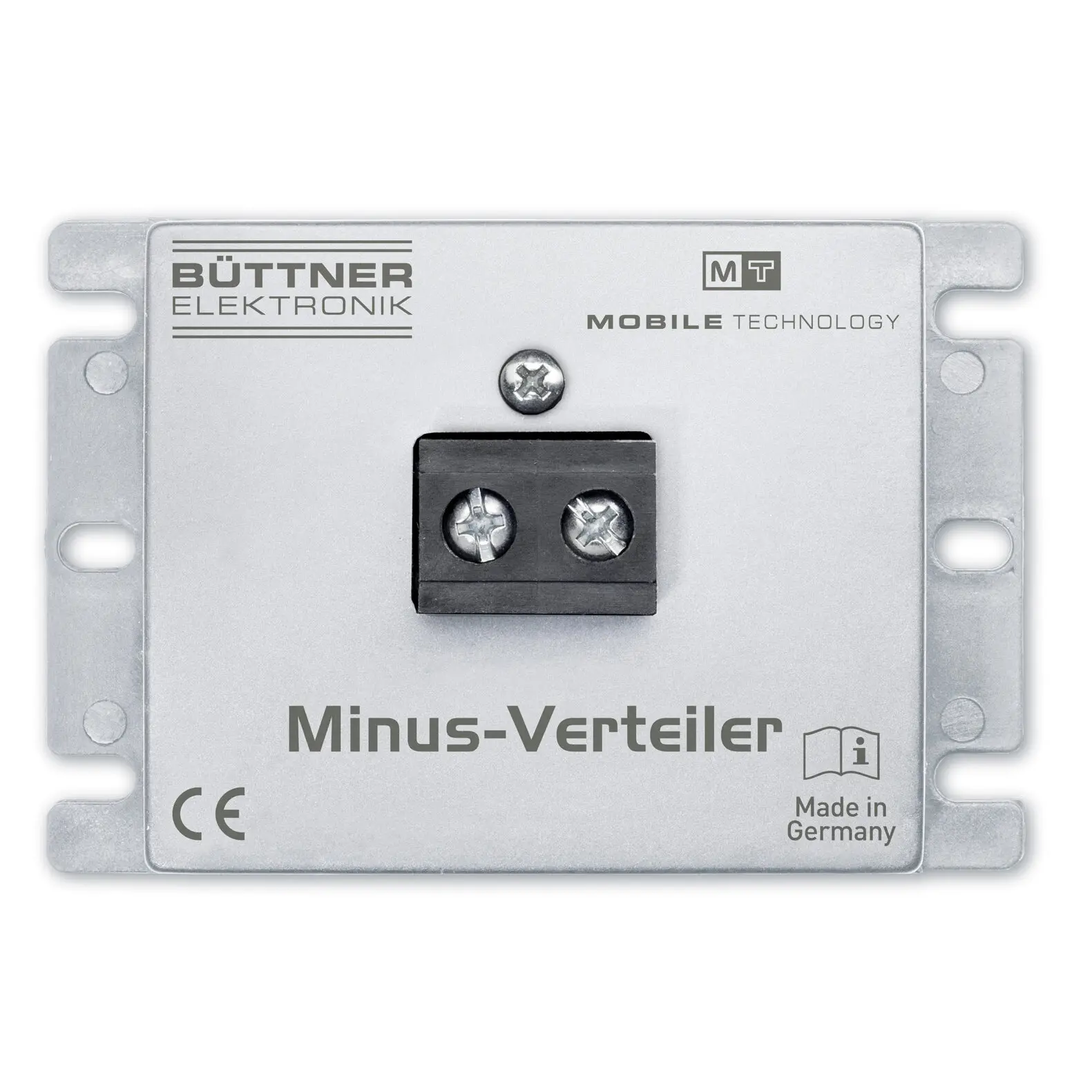 Minus-Verteiler MT MV-12 in silbernem Gehäuse mit zwei Schraubklemmen, seitlichen Befestigungslaschen, Büttner Elektronik Made in Germany