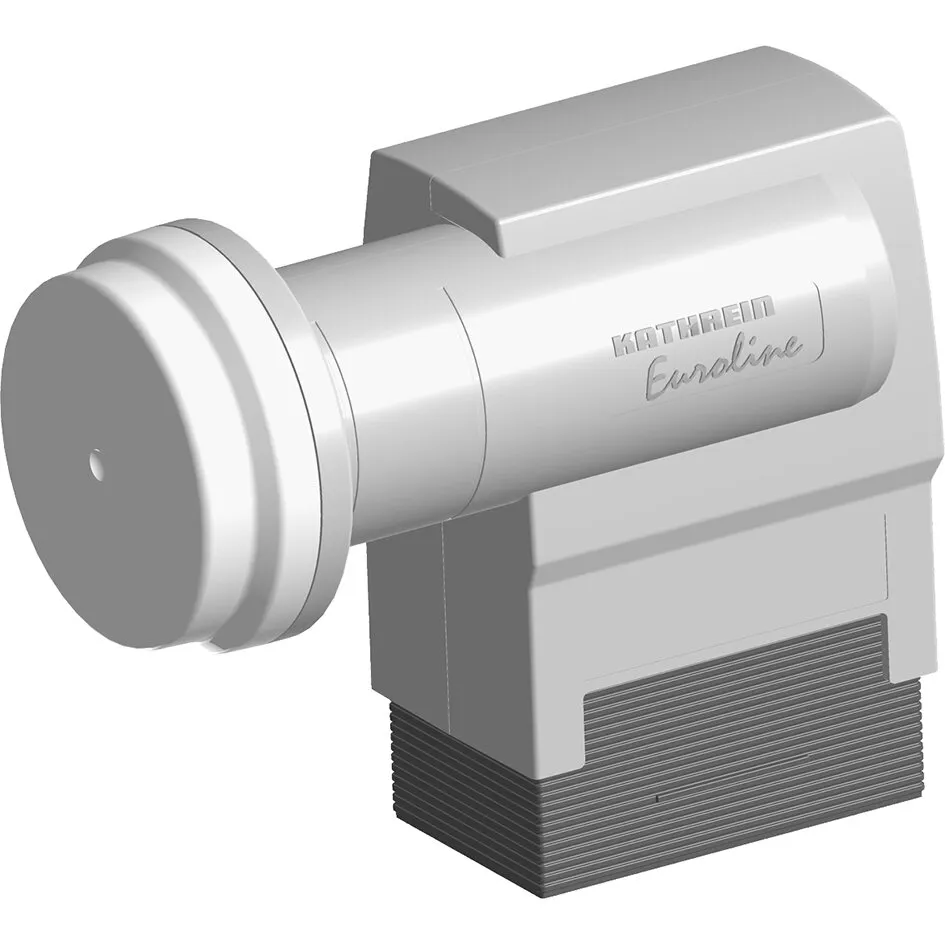 Weißer Kathrein Euroline Universal-Twin-LNB mit zylindrischem Empfangskopf und geripptem Gehäuse in Seitenansicht