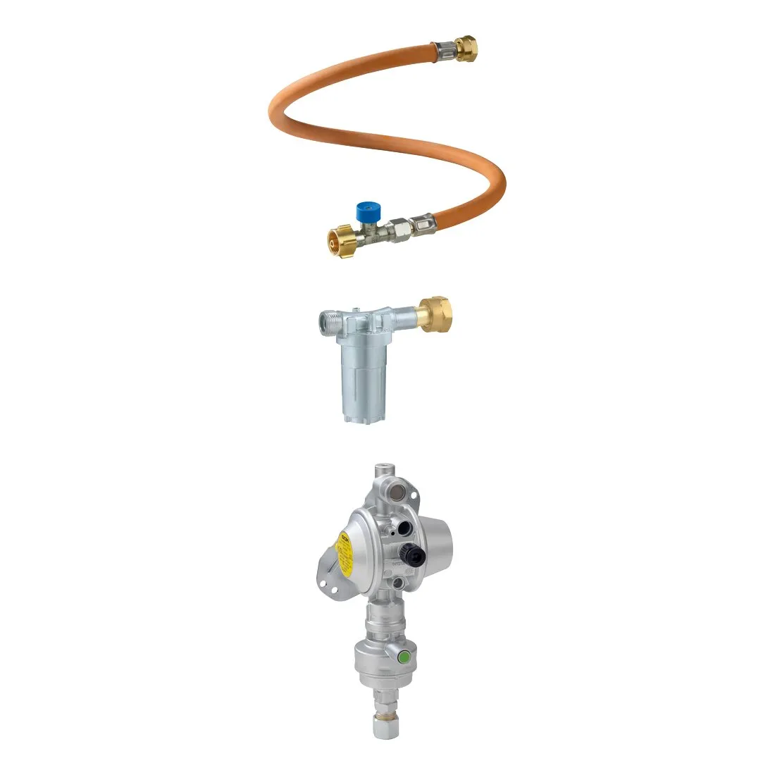 Vertikale Sicherheits-Gasdruck-Regelanlage Caramatic DriveOne Set mit orangefarbener Schlauchleitung und silbernem Gasfilter