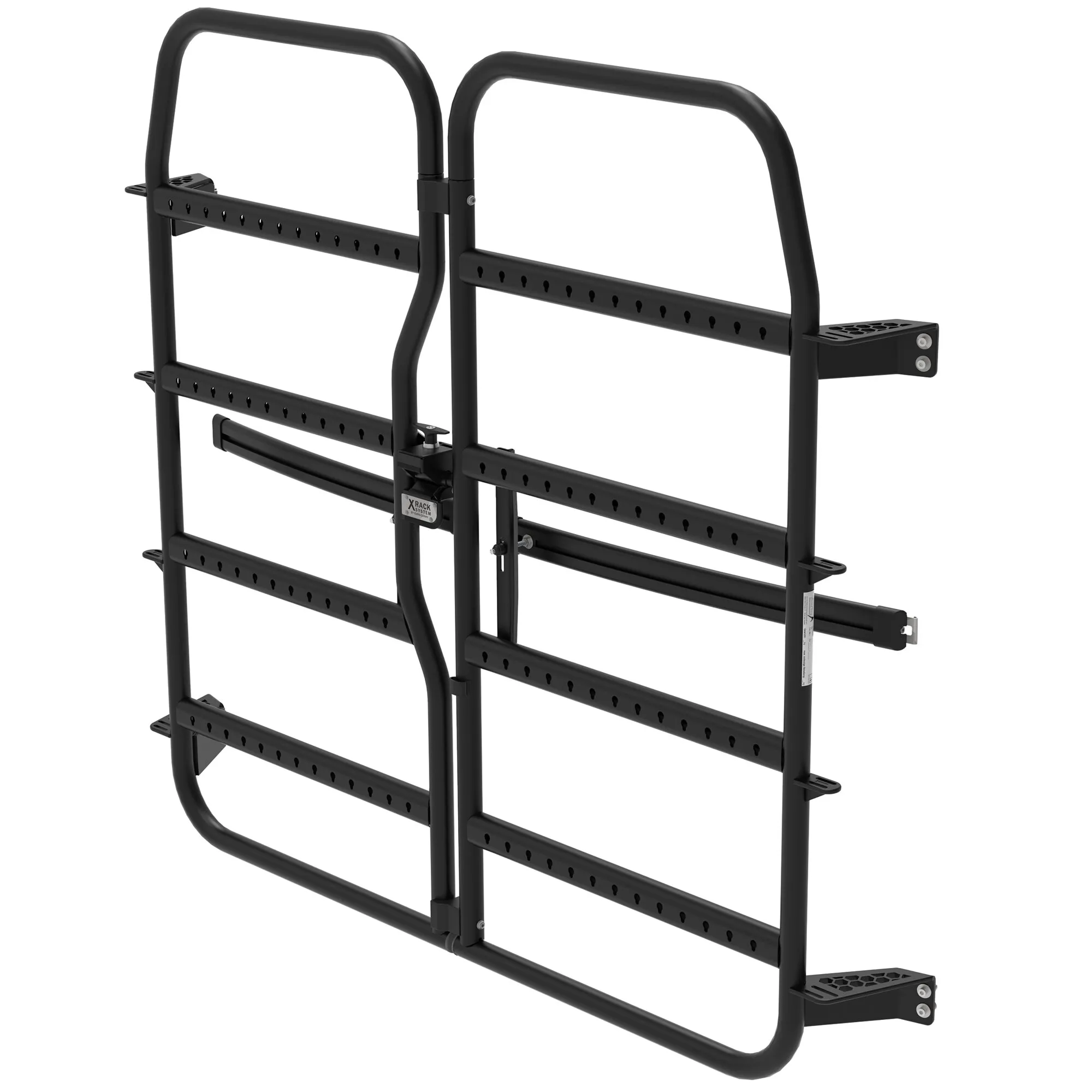 Schwarzer Grundrahmen X-Rack Base aus Metall mit zwei Seitenelementen und gelochten Querstreben für Sprinter und Crafter