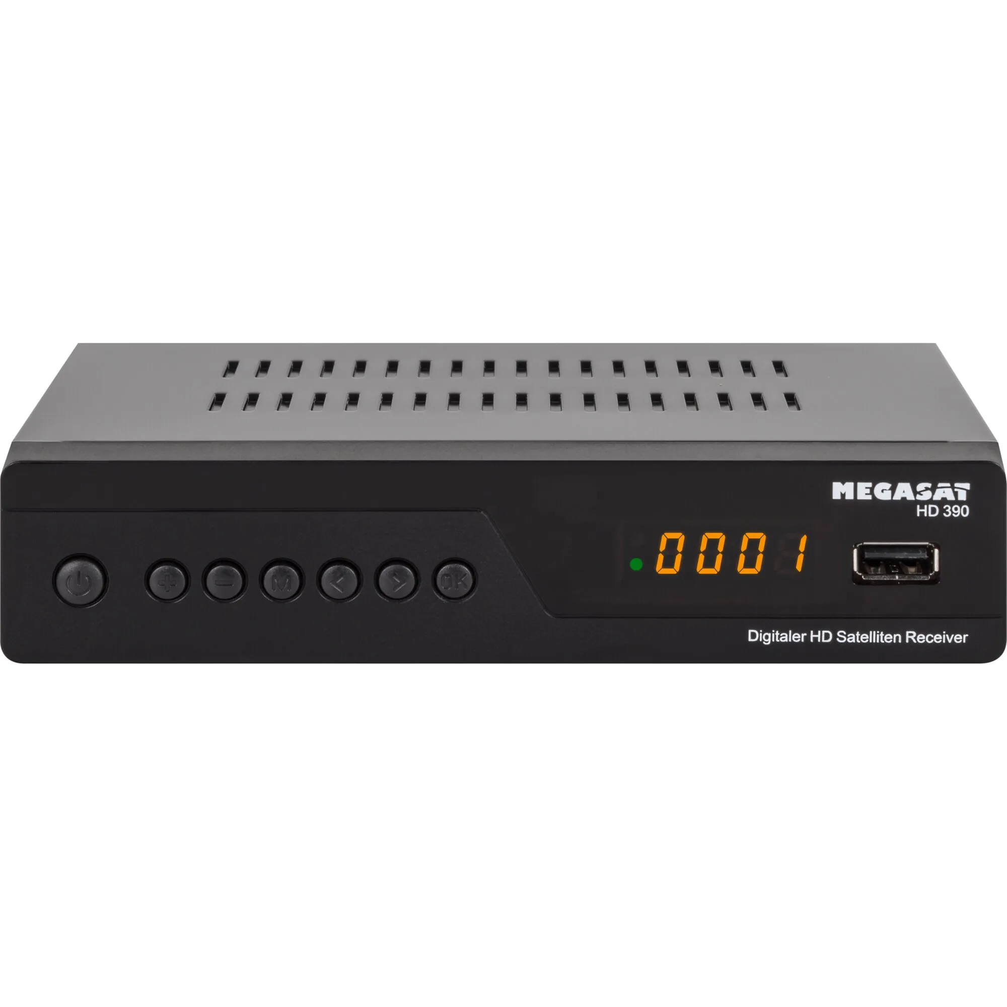 Schwarzer Sat-Receiver Megasat HD 390 mit orangefarbener Kanalanzeige, Bedientasten und USB-Anschluss an der Vorderseite