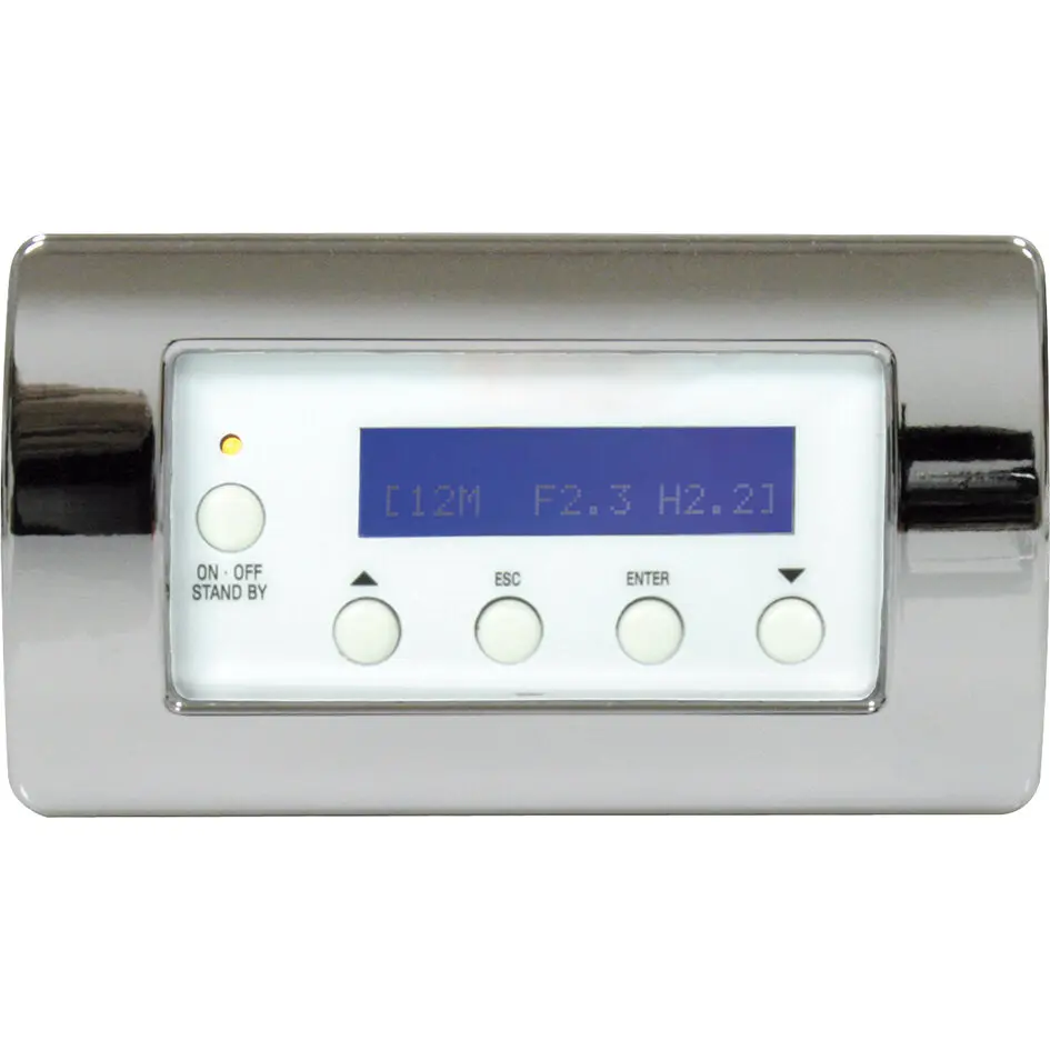 Chromglänzendes Bedienteil mit weißer Front, blaues LCD-Display, darunter runde Tasten, LED-Indikator links und ON-OFF Standby-Taste