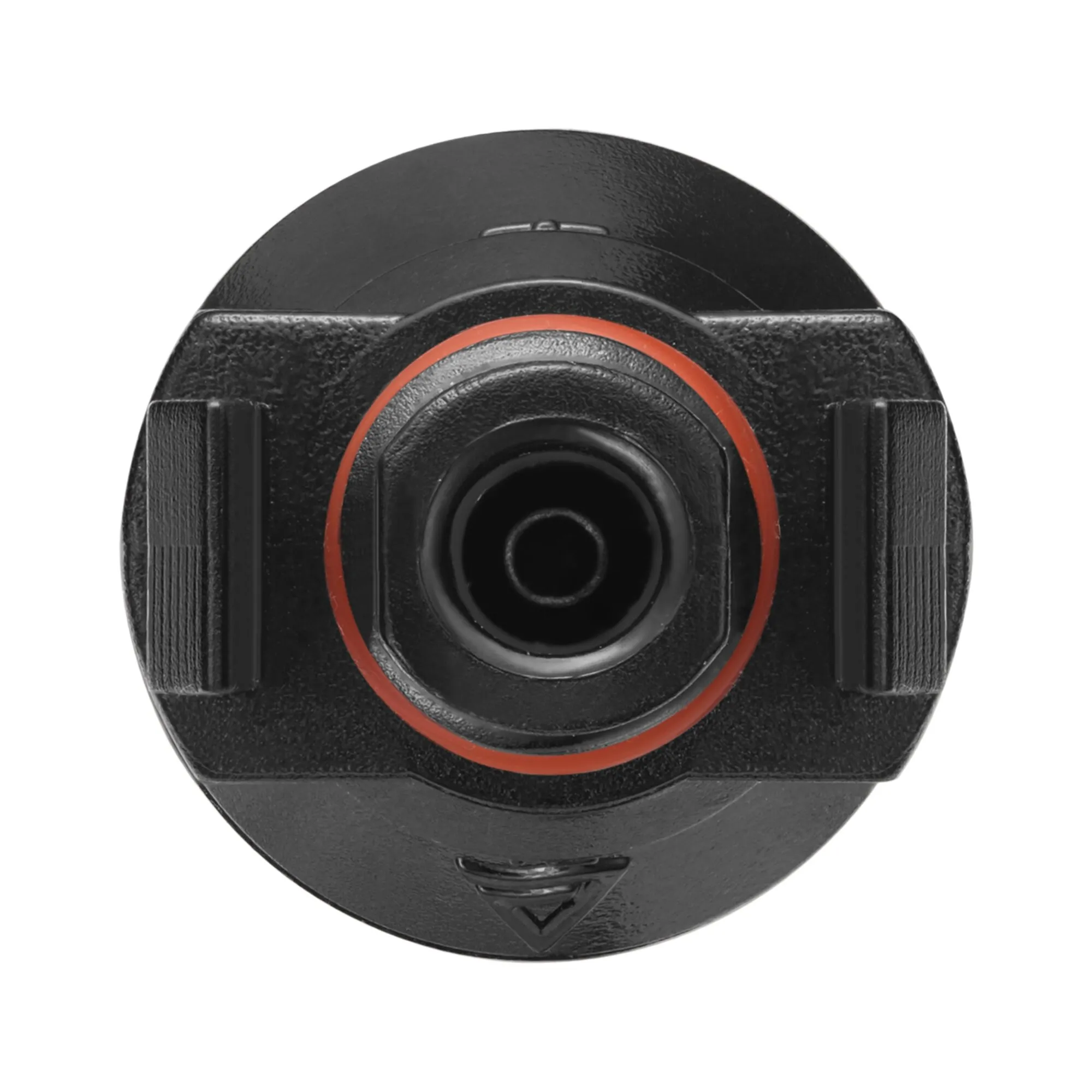 Nahaufnahme eines schwarzen XT60i-Steckverbinders mit orangefarbener Dichtung und zentraler runder Buchse