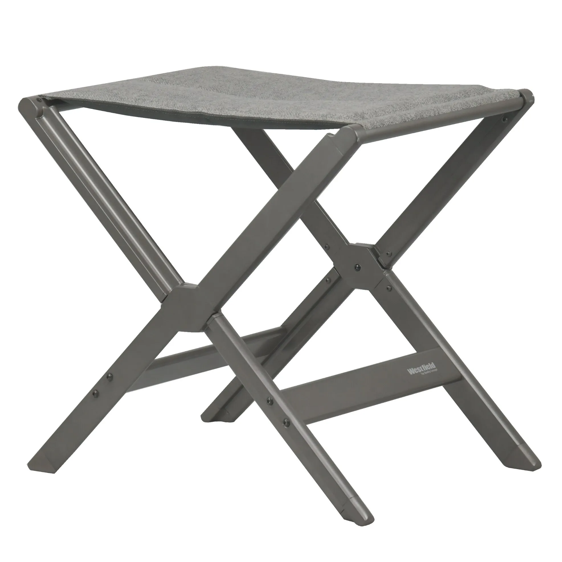 Graue Fußauflage Dynamic Elegance mit gepolsterter Auflage und klappbarem Kreuzgestell aus Metall; Westfield-Logo sichtbar