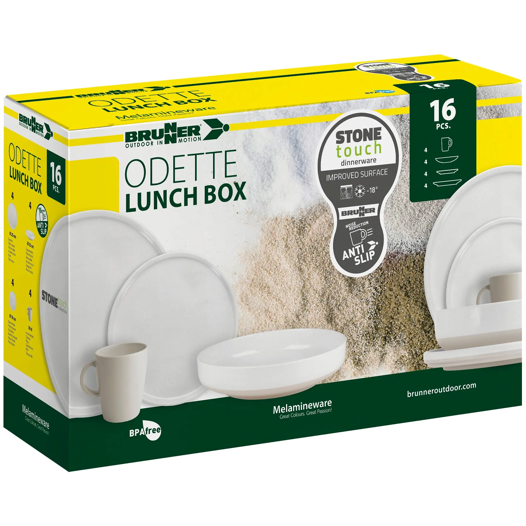 Brunner Odette Lunch-Box-Geschirrset aus weißem Melamin mit Tellern, Schalen und Tassen, 16-teilig in Verpackung