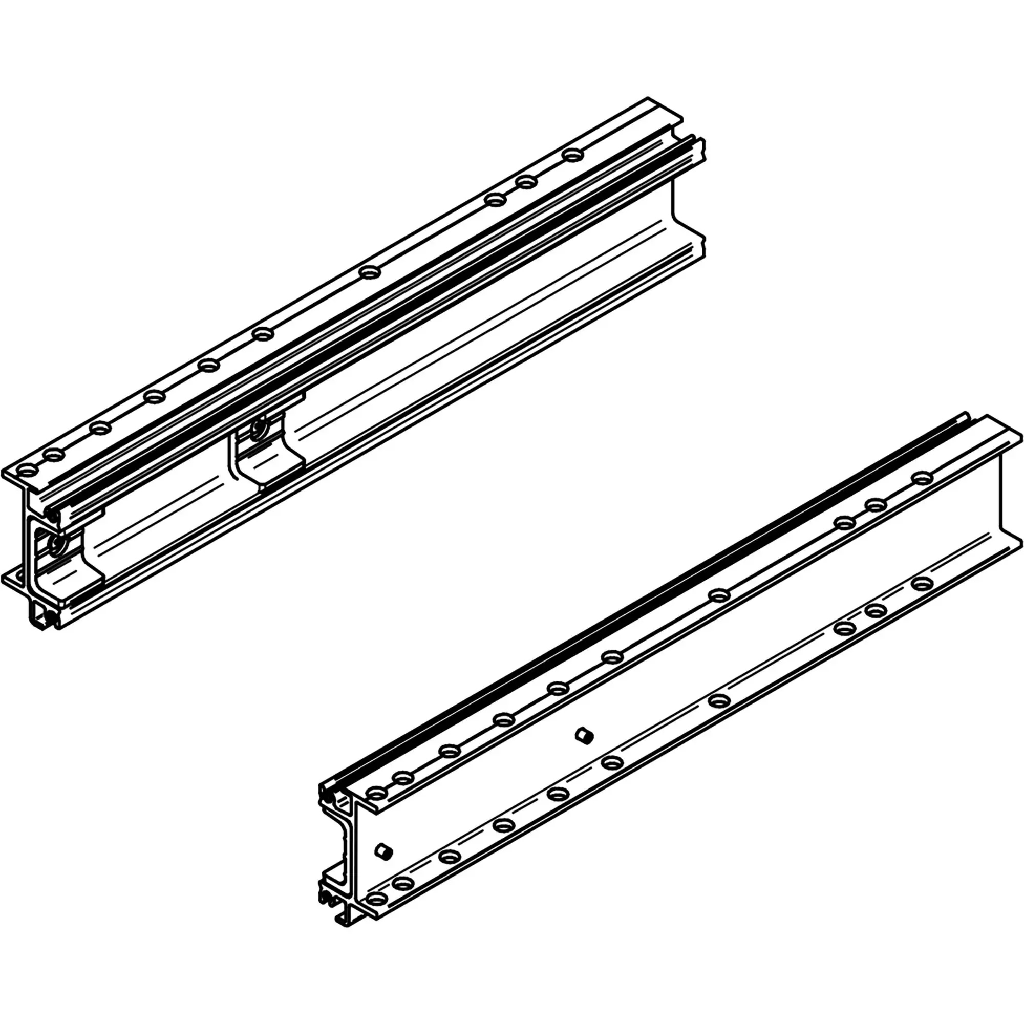 Montagerahmen Thule Slide-Out G2 550: lange Aluminiumprofile mit regelmäßig angeordneten Löchern und Endhalterung