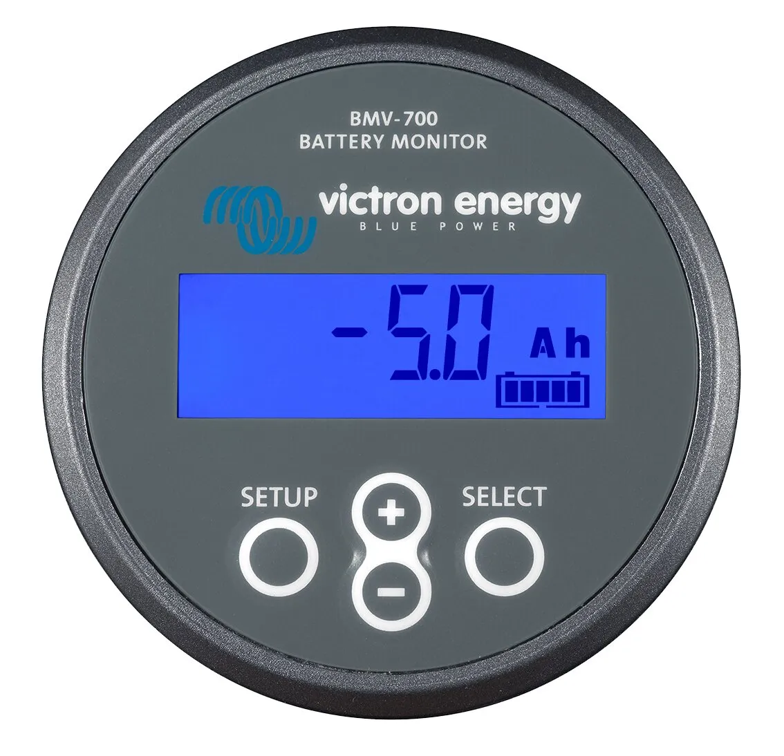 Runder schwarzer Victron Energy BMV-700 Batterie-Überwachungscomputer mit blauem Display, Anzeige -5,0 Ah und Batteriestandsymbol