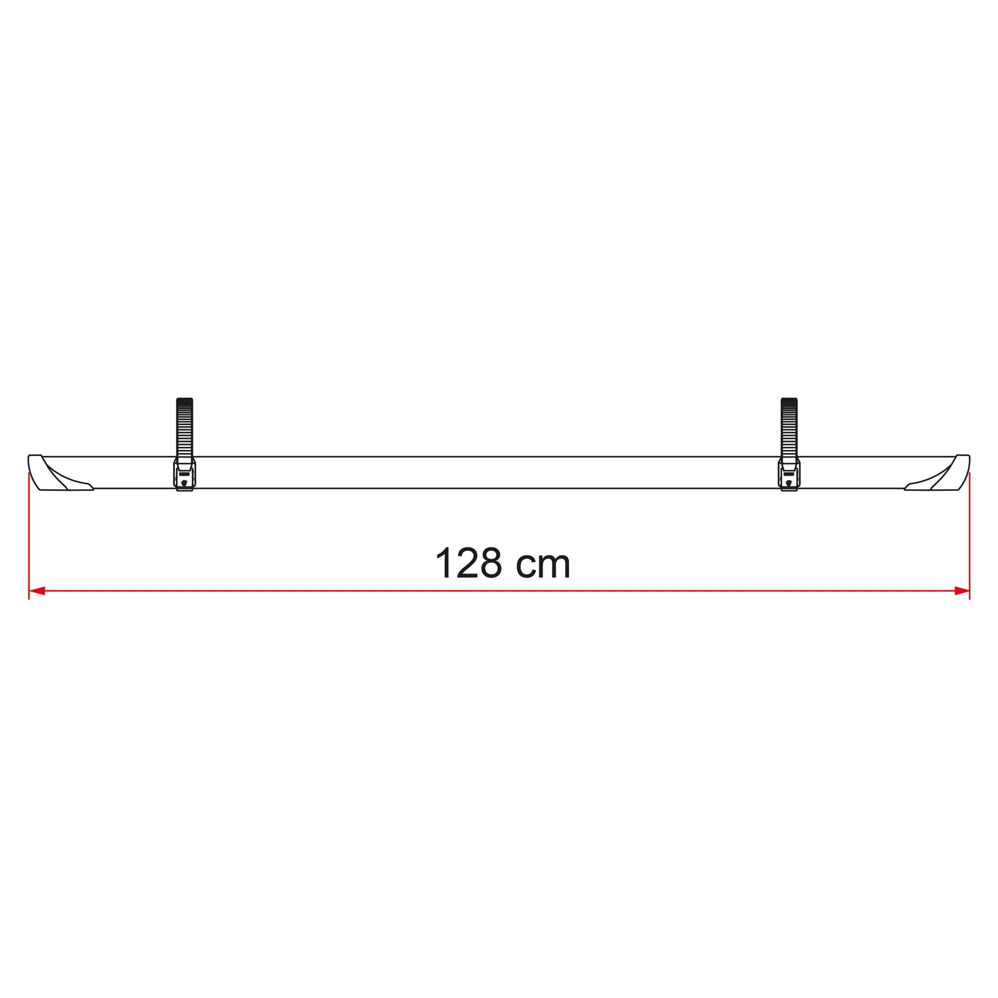 Fahrradschiene Rail Quick Pro in Seitenansicht mit zwei Befestigungselementen und eingezeichneter Länge von 128 cm