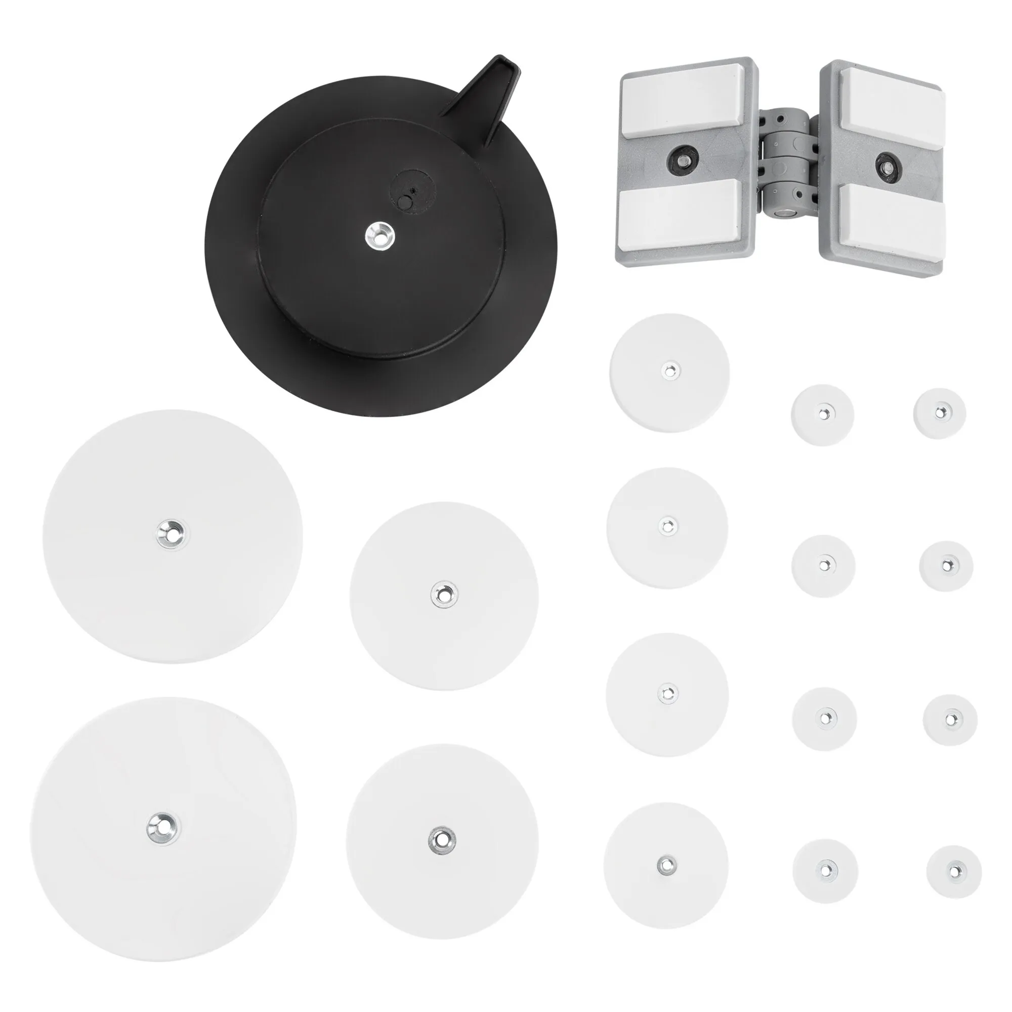 Magnet-Set Classic mit schwarzer runder Grundplatte, grauem Klappelement und weißen Magnetscheiben in verschiedenen Größen