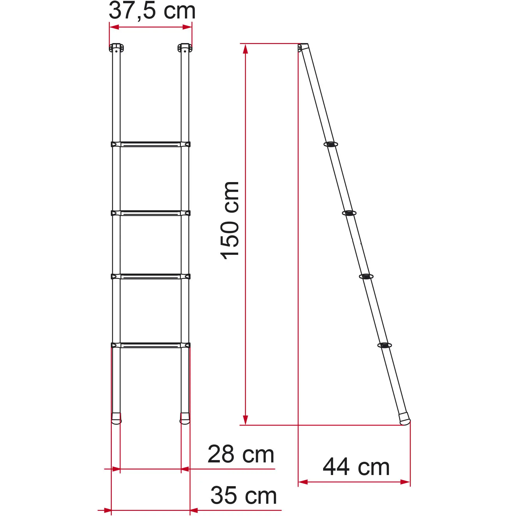 Technische Zeichnung einer Hochbettleiter mit Pfosten, Sprossen und geneigter Leiter; rote Maßlinien zeigen Höhe 150 cm und Breite 37,5 cm