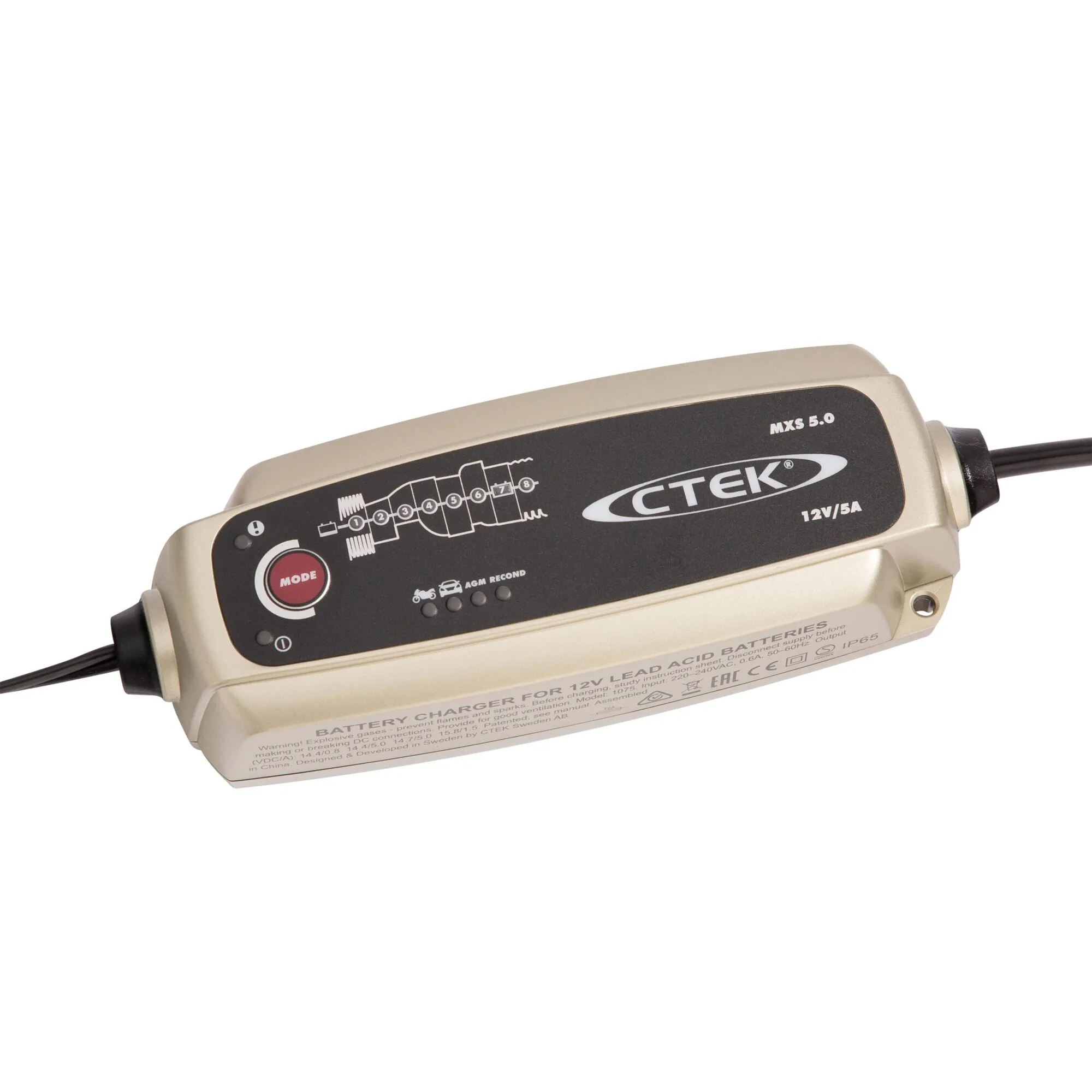 CTEK MXS 5.0 Batterieladegerät in beigefarbenem Gehäuse mit schwarzer Bedienfläche, Modus-Taste und Anschlusskabeln