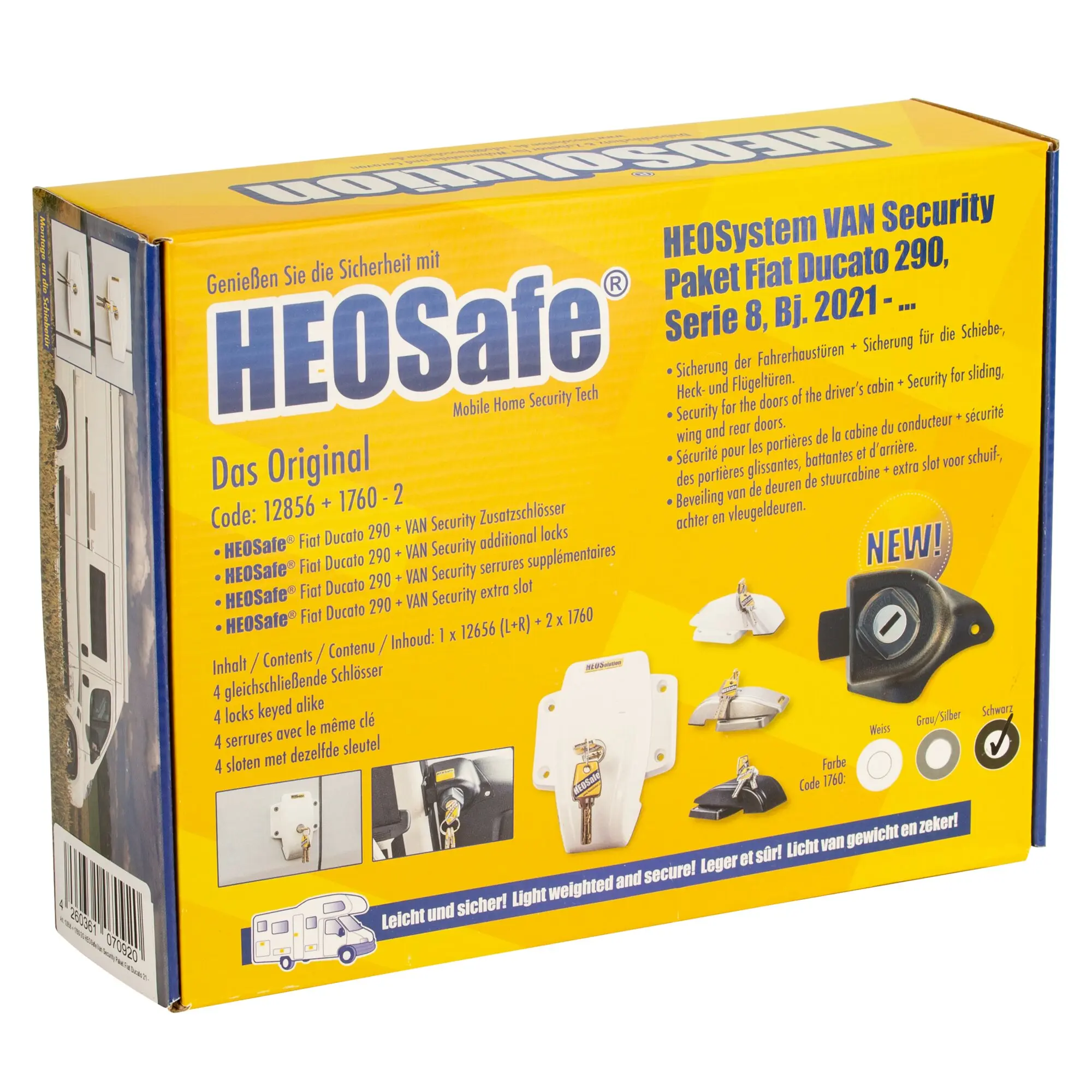 Gelbe HEOSafe-Verpackung des Van Security Pakets Fiat Ducato 290 Serie 8 Bj. 2021 mit blauem Logo und Abbildungen von Schlössern