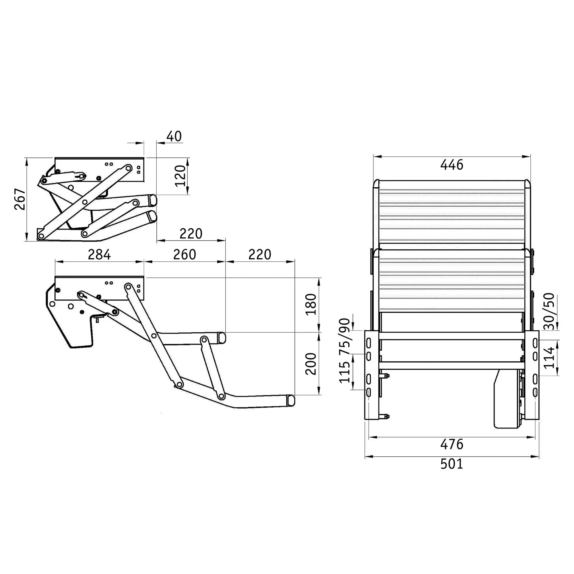 Technische Maßzeichnung der Thule Double Step 12V Trittstufe mit Seiten- und Frontansichten, ausgeklappt und eingefahren, Breite 446 mm