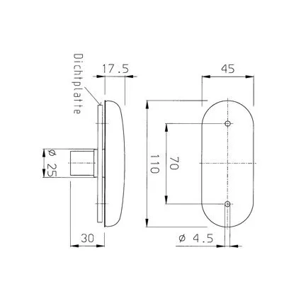 Technische Zeichnung einer Seitenmarkierungsleuchte mit abgerundetem Gehäuse, Seiten- und Vorderansicht sowie Maßangaben 110 × 45 mm