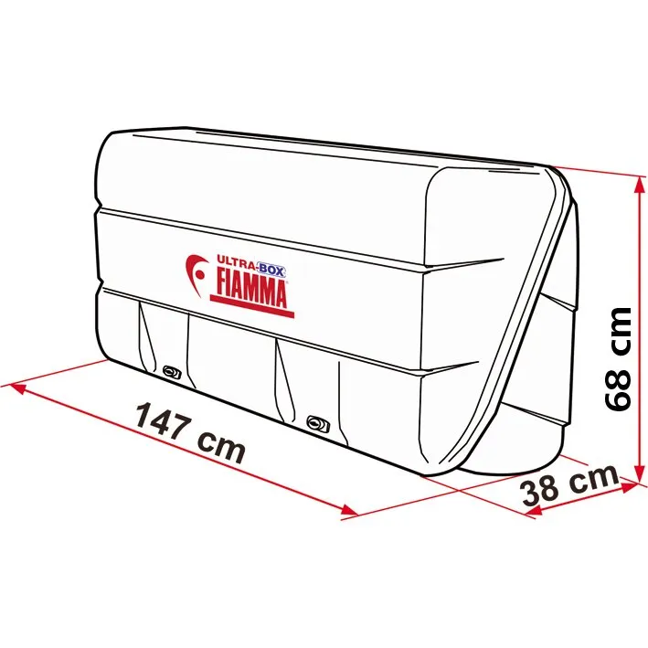 Weiße Heckbox Ultra-Box 360 von Fiamma mit zwei Verschlüssen und Maßangaben 147 × 38 × 68 cm in perspektivischer Ansicht