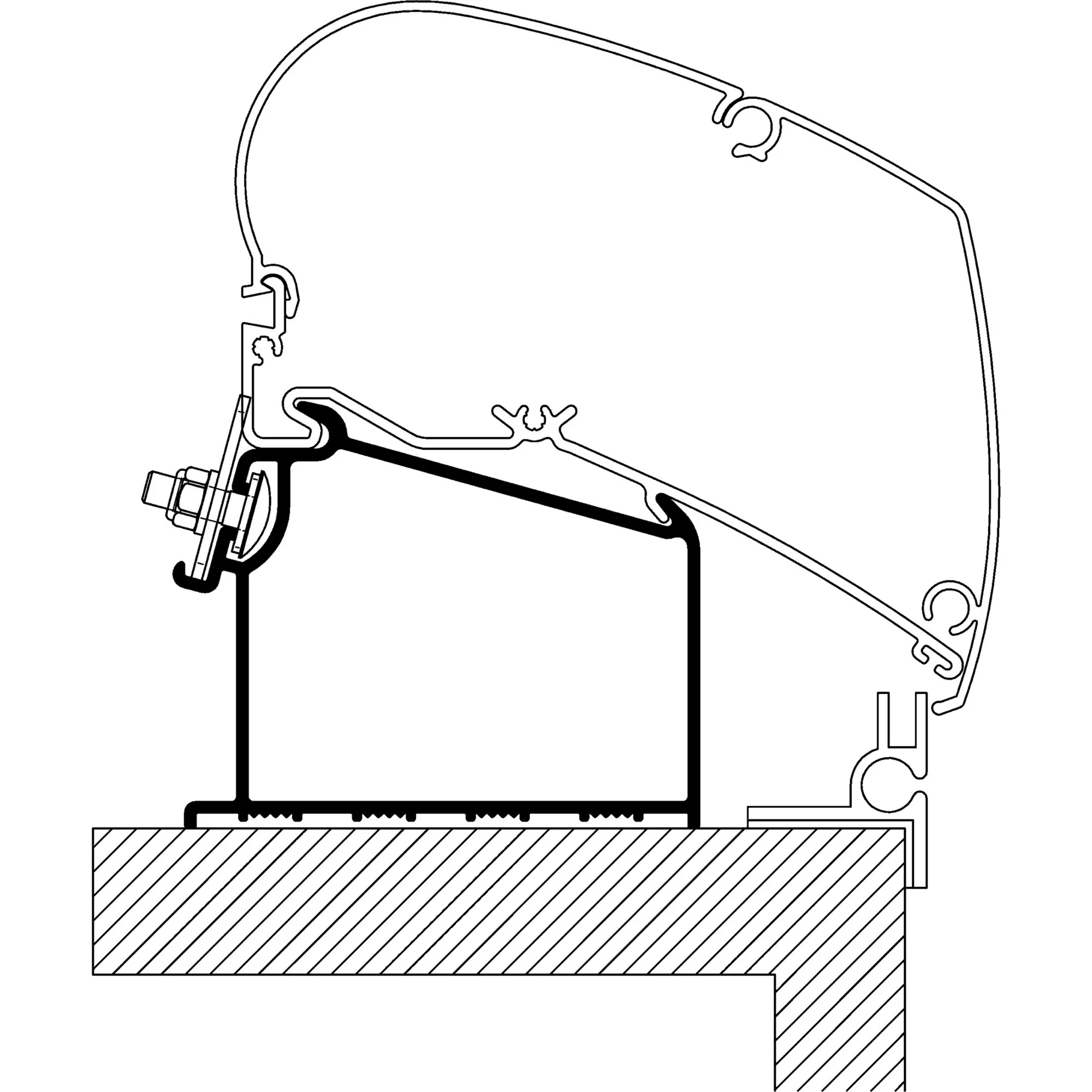 Technische Schnittzeichnung eines Roof Adapters für Adria Wohnwagen ab Baujahr 2015 zur Montage eines TO-Serie-6- oder -9-Zeltes