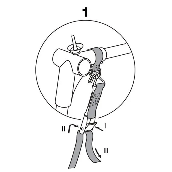 Illustration der Sturmsicherung Isabella an einem Gestänge mit Spannband und Schrittfolge zum Einhaken und Spannen