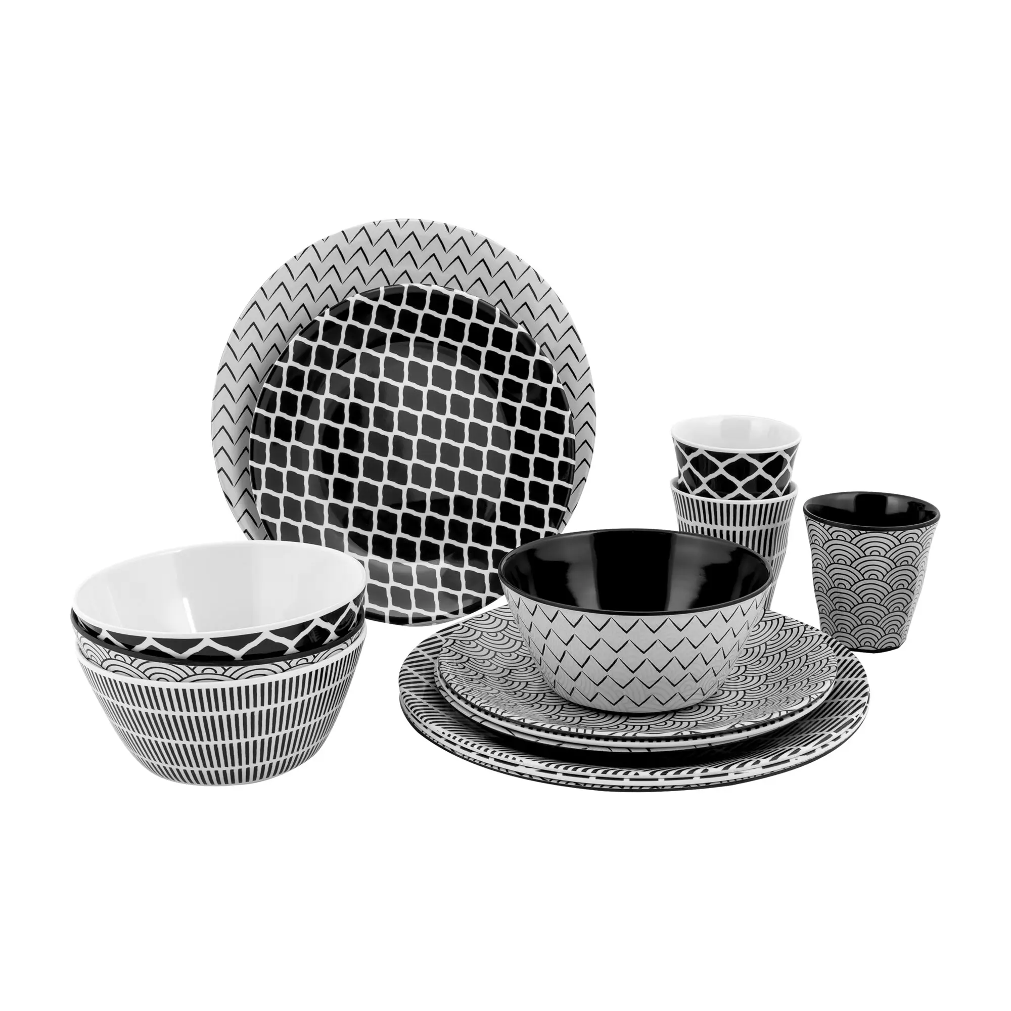 16-teiliges Geschirrset Mix & Match in Schwarz-Weiß mit geometrischen Mustern: Teller mit Zickzack- und Rasterdesign, Becher und Schalen