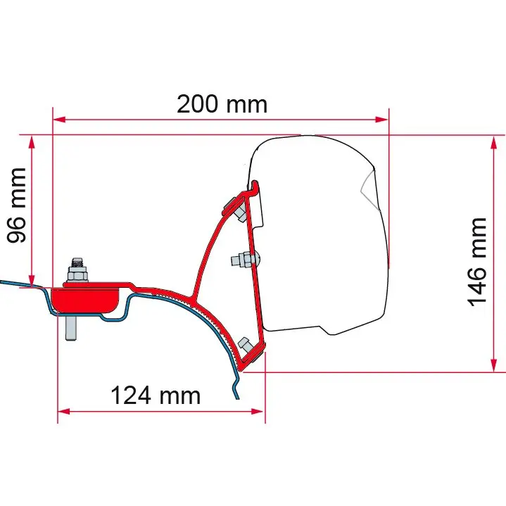 Technische Schnittzeichnung des VW T5/T6 Multivan Transporter Deep Black Kits mit Maßangaben von 200, 146 und 124 mm