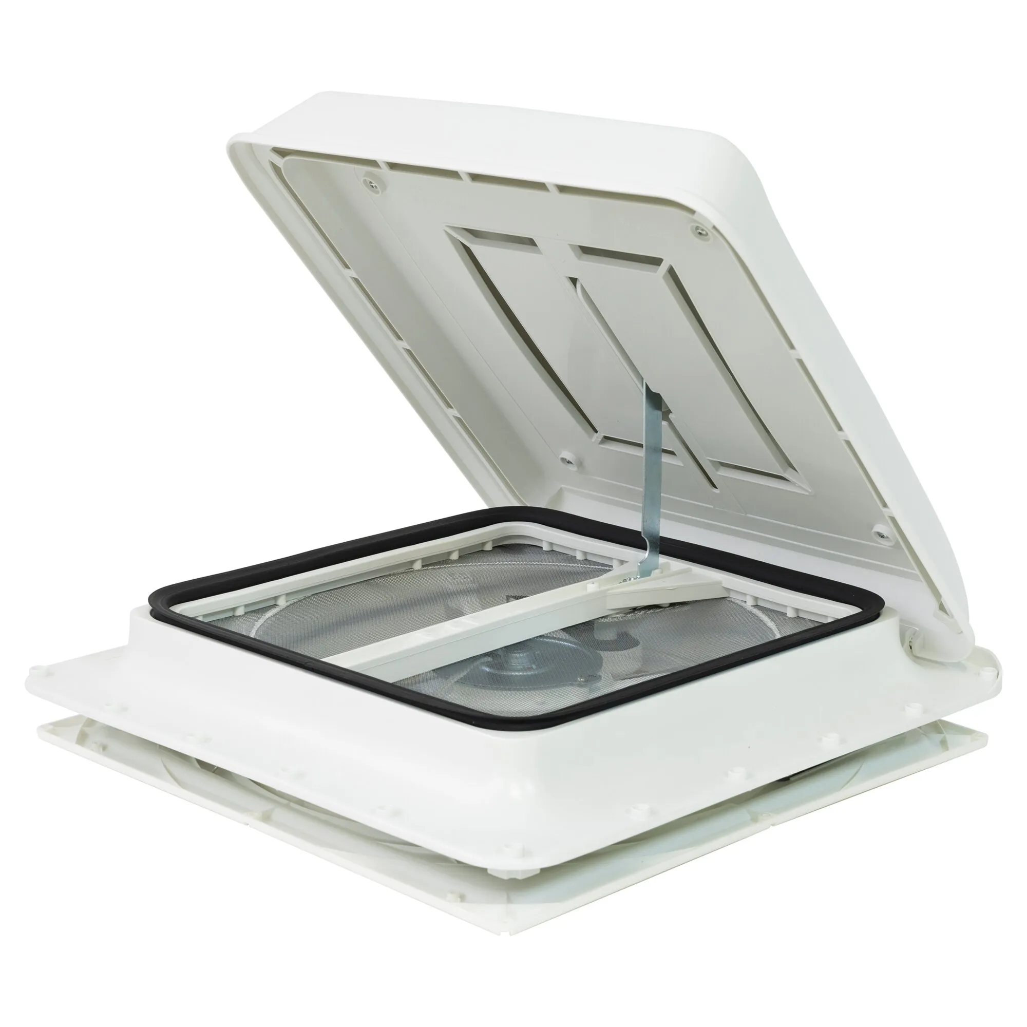 Weiße Dachhaube Turbo Vent mit geöffnetem Deckel, sichtbarem Insektenschutzgitter und integriertem Ventilator
