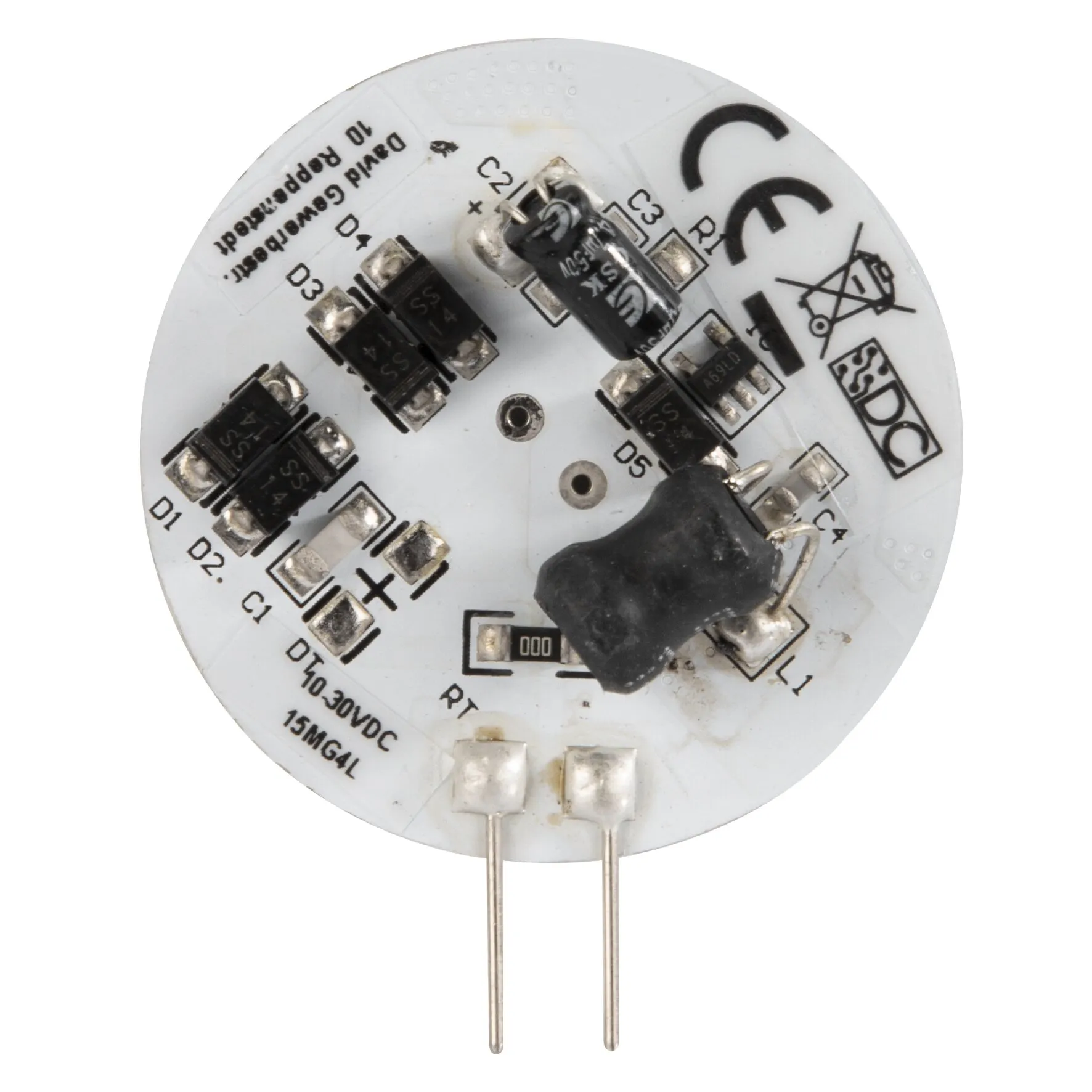 Rundes weißes G4-LED-Flachmodul mit zwei Anschlussstiften und sichtbaren elektronischen Bauteilen auf der Platine
