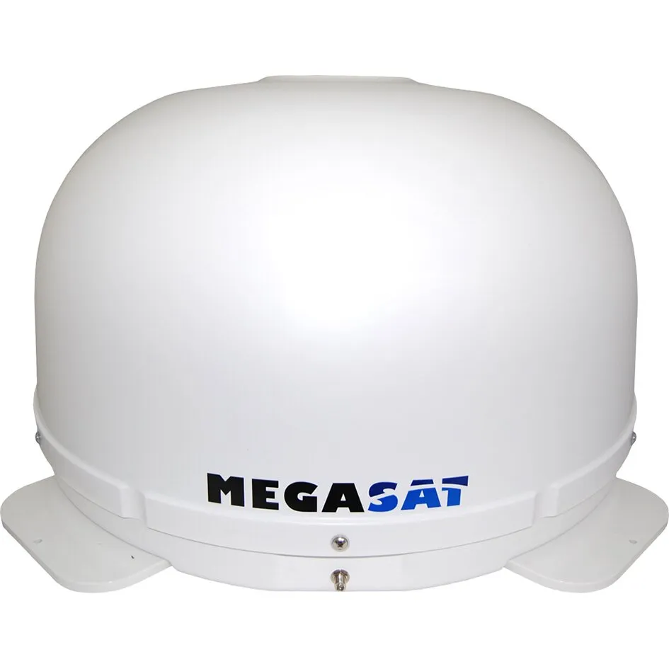 Weiße Megasat Shipman Satellitenantenne mit abgerundetem Schutzgehäuse und seitlichen Montagefüßen in Frontansicht