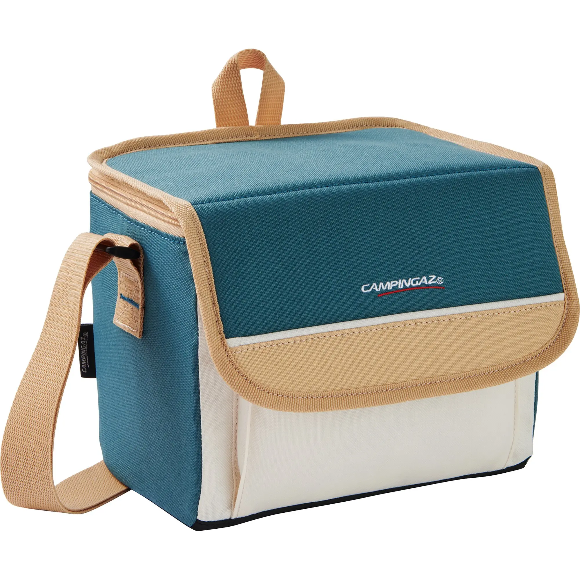 Nahaufnahme einer blauen Kühltasche Fold’N Cool Minimaxi 5L mit beigem Rand und Tragegriffen aus Webband, Logo sichtbar